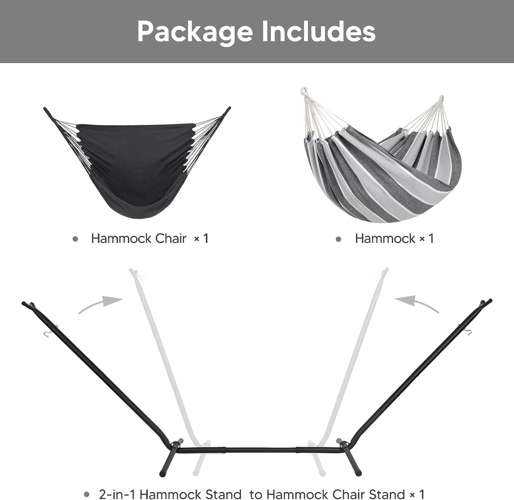 SUNCREAT 2-in-1 Convertible Backyard Fabric Hammock with Stand, Large Hammocks for Outside, Light Gray & Dark Gray