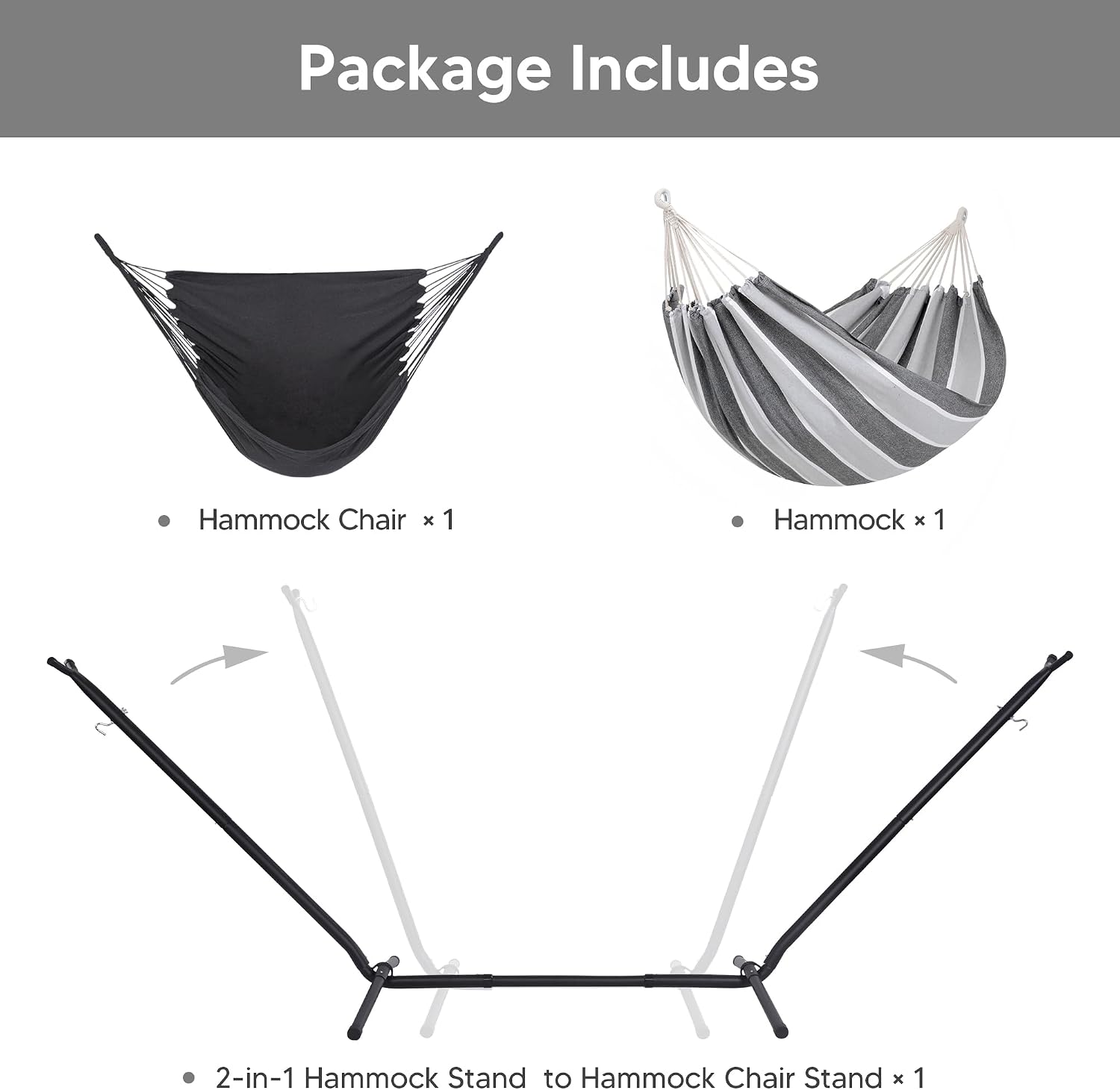 SUNCREAT 2-in-1 Convertible Backyard Fabric Hammock with Stand, Large Hammocks for Outside, Light Gray & Dark Gray