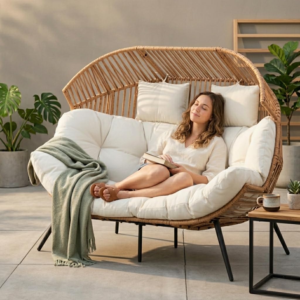 Shintenchi Double Egg Chair Outdoor Rattan Patio Chair with Cushion, Oversized 2 Person Patio Lounge Chairs with Cushion Egg Basket Chair, Egg Seat Indoor Living Room Bedroom Patio Backyard Balcony