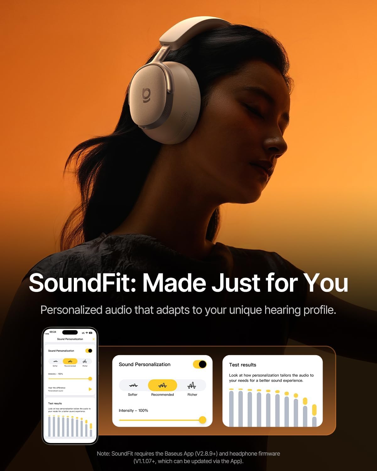 Baseus Inspire XH1 Adaptive Active Noise Cancelling Headphones, Sound by Bose, Dolby Audio, Premium Real-Time Adaptive ANC, Adaptive Rich Sound, Hi-Res Audio, 100H Playtime - Starlight Off-White