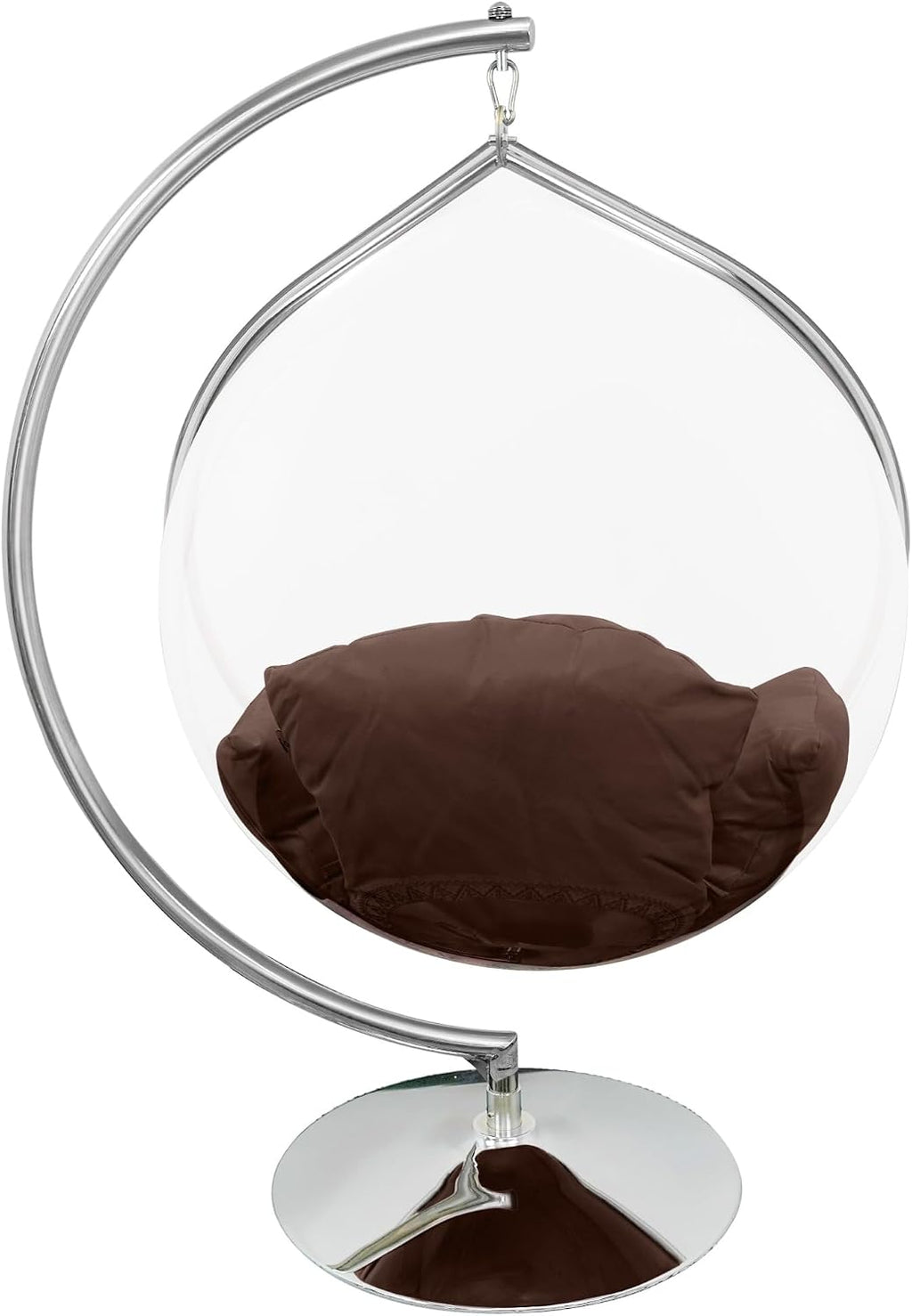 Hanging Chair - Transparent Acrylic Bubble, Waterdrop Shape, Indoor Swing Chair with Gold/Chrome Stand, Durable Fabric Cushion - Luxury Accent for Living Room, Bedroom (Chrome/DarkCoffee)