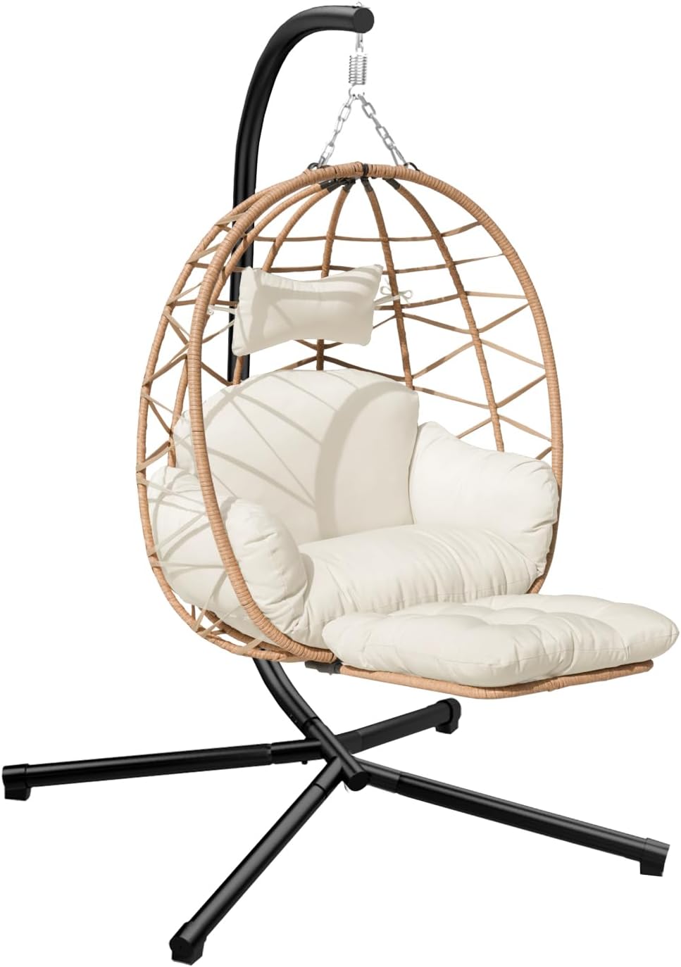 Indoor Outdoor Hanging Egg Chair with Stand & Leg Rest – Heavy-Duty Steel Frame, Handwoven Rattan Swing Chair for Patio, Garden, Bedroom – 350 lbs Capacity, Ergonomic Design (White)