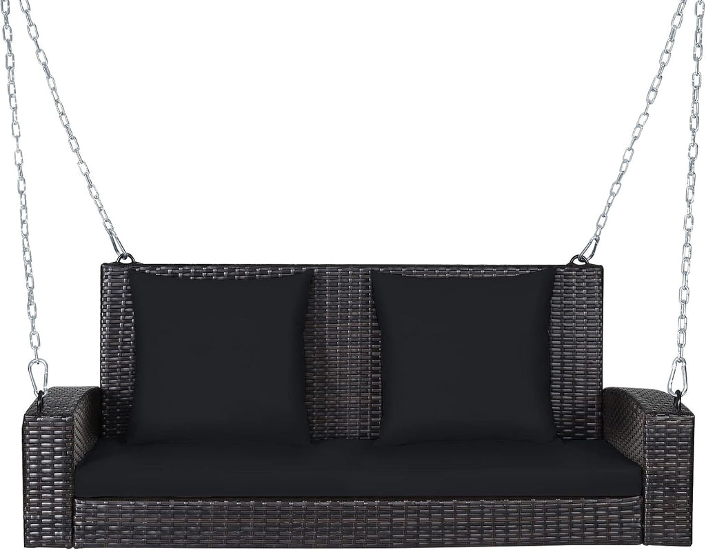 RELAX4LIFE Porch Swing 2-Seat Patio Rattan, Wicker Porch Swings Outdoor W/Two 7.9 Ft Solid Steel Chain, Comfortable Back & Seat Cushions, for Front Porch, Garden, Backyard Patio Swing (Black)