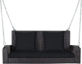 RELAX4LIFE Porch Swing 2-Seat Patio Rattan, Wicker Porch Swings Outdoor W/Two 7.9 Ft Solid Steel Chain, Comfortable Back & Seat Cushions, for Front Porch, Garden, Backyard Patio Swing (Black)