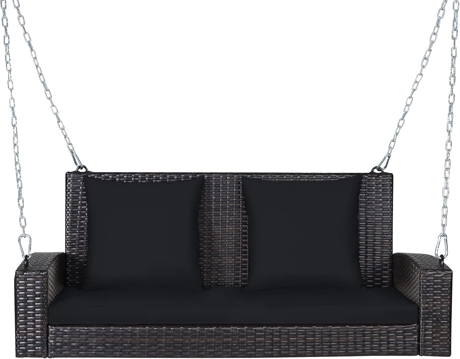 RELAX4LIFE Porch Swing 2-Seat Patio Rattan, Wicker Porch Swings Outdoor W/Two 7.9 Ft Solid Steel Chain, Comfortable Back & Seat Cushions, for Front Porch, Garden, Backyard Patio Swing (Black)
