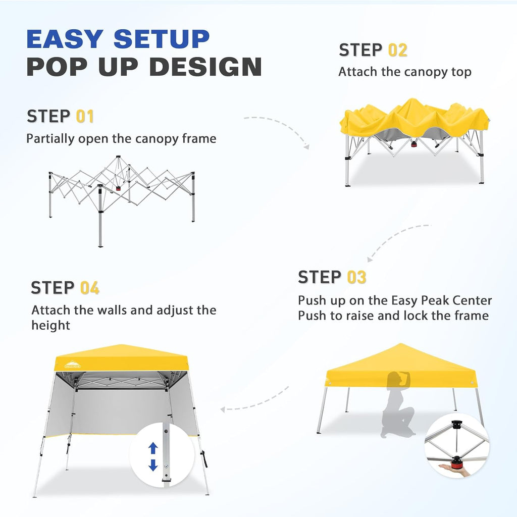 EAGLE PEAK Day Tripper 8x8 Aluminum Super-Lightweight Slant Leg Pop Up Canopy with 3 Removable Walls, Instant Outdoor Backpack Canopy Tent, Outside Beach Folding Sun Shelter, 8x8 Base 6x6 Top, Yellow