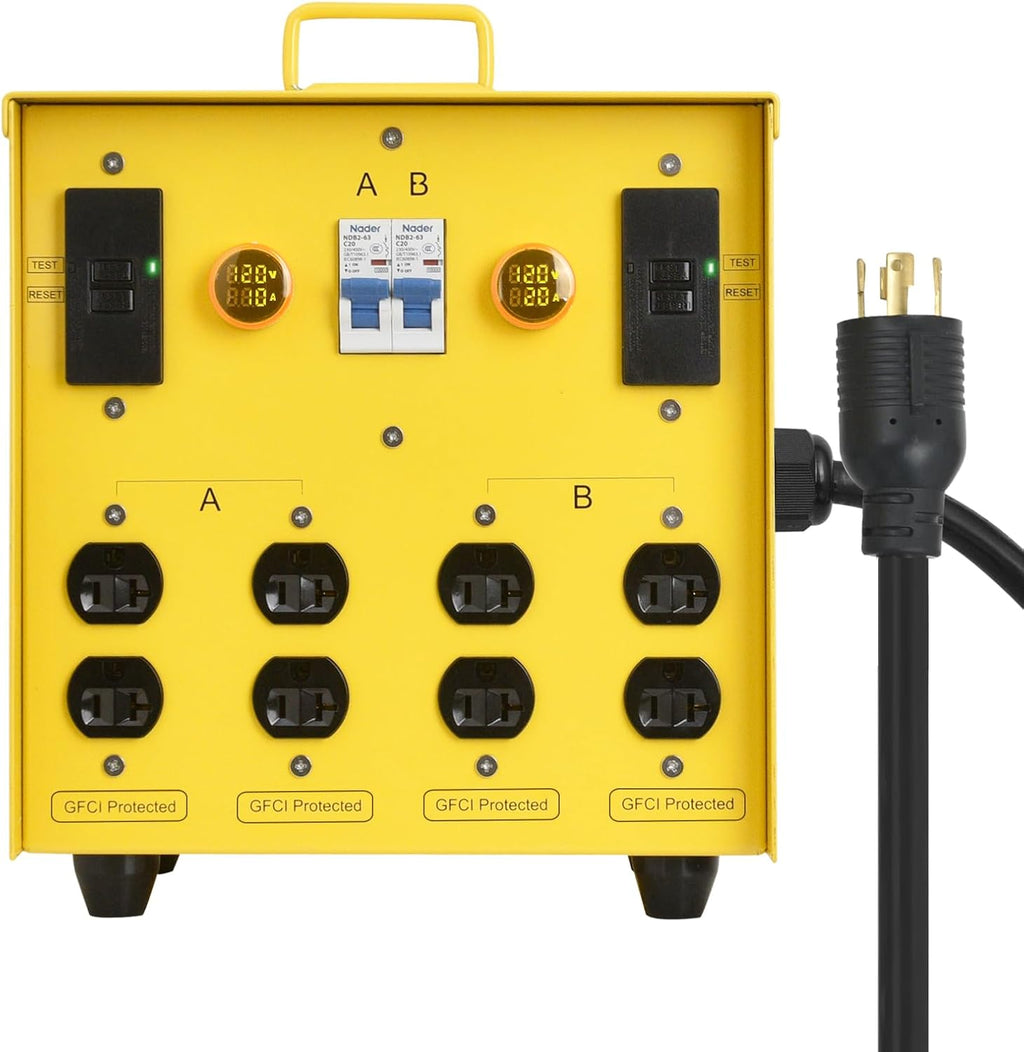 30-Amp Portable Power Center, Split 240VAC Input into 2 Separate 120VAC Output, A&B Zone Independent Control with 2 Mini Voltmeter and Ammeter