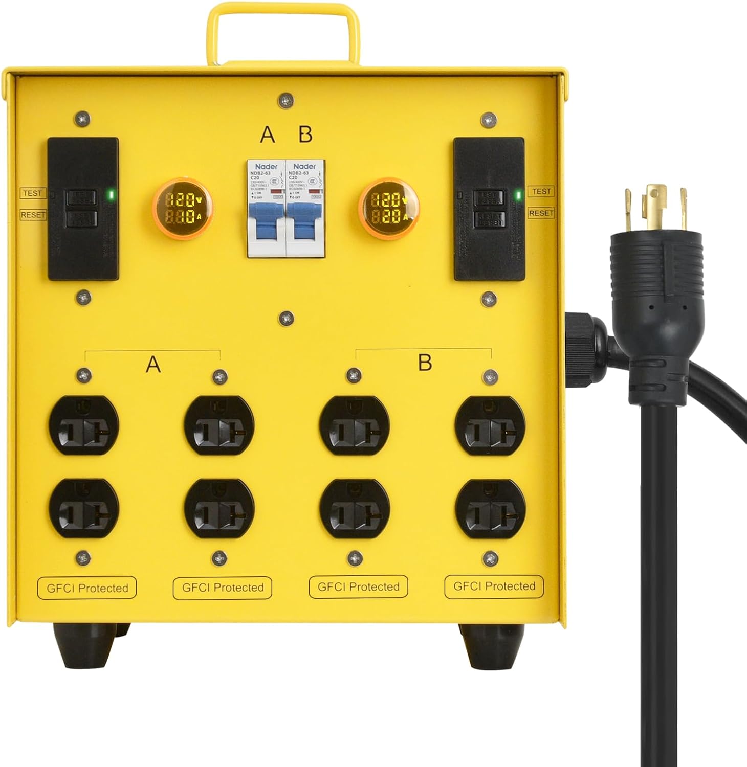 30-Amp Portable Power Center, Split 240VAC Input into 2 Separate 120VAC Output, A&B Zone Independent Control with 2 Mini Voltmeter and Ammeter