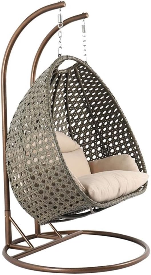 LeisureMod 2 Person Wicker Egg Chair Outdoor Indoor Bedroom Patio Hanging Lounge Swing Hammock Chairs with Beige Stand and UV Resistant Cushions (Beige)