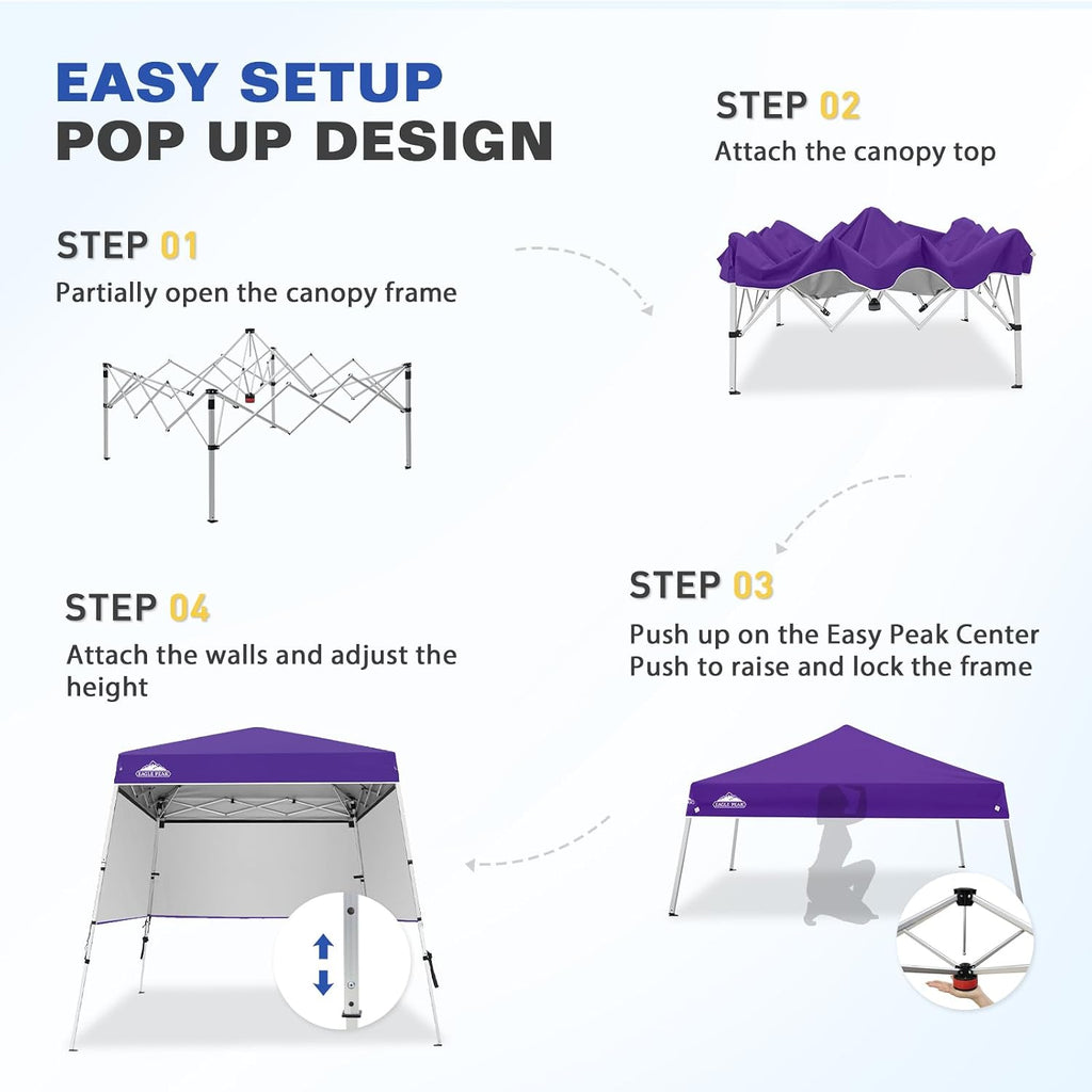 EAGLE PEAK Day Tripper 8x8 Aluminum Super-Lightweight Slant Leg Pop Up Canopy with 3 Removable Walls, Instant Outdoor Backpack Canopy Tent, Outside Beach Folding Sun Shelter, 8x8 Base 6x6 Top, Purple