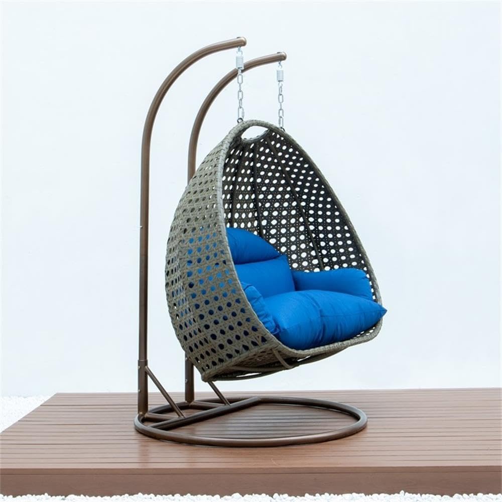 LeisureMod Blue Wicker 2 Person Egg Swing Chair with Beige Stand and Cushions - Double Hanging Hammock Lounge for Patio, Indoor & Outdoor Use