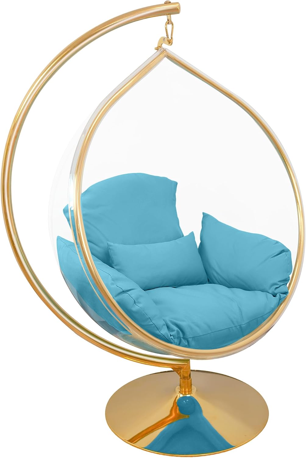 Hanging Chair - Transparent Acrylic Bubble, Waterdrop Shape, Indoor Swing Chair with Gold/Chrome Stand, Durable Fabric Cushion - Luxury Accent for Living Room, Bedroom (Gold/Blue)