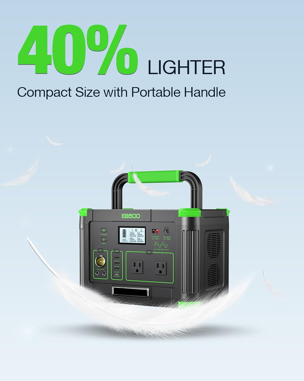 500W Portable Power Station 519.48Wh, Solar Generator with 60W USB-C PD Output, Built-in BMS 110V Pure Sine Wave AC Outlet Backup Lithium Battery for Outdoors Camping Travel Emergency (Peak 1000W)