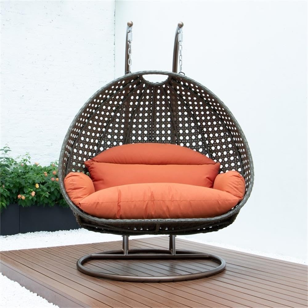LeisureMod 2 Person Wicker Egg Chair Outdoor Indoor Bedroom Patio Hanging Lounge Swing Hammock Chairs with Beige Stand and UV Resistant Cushions, Orange