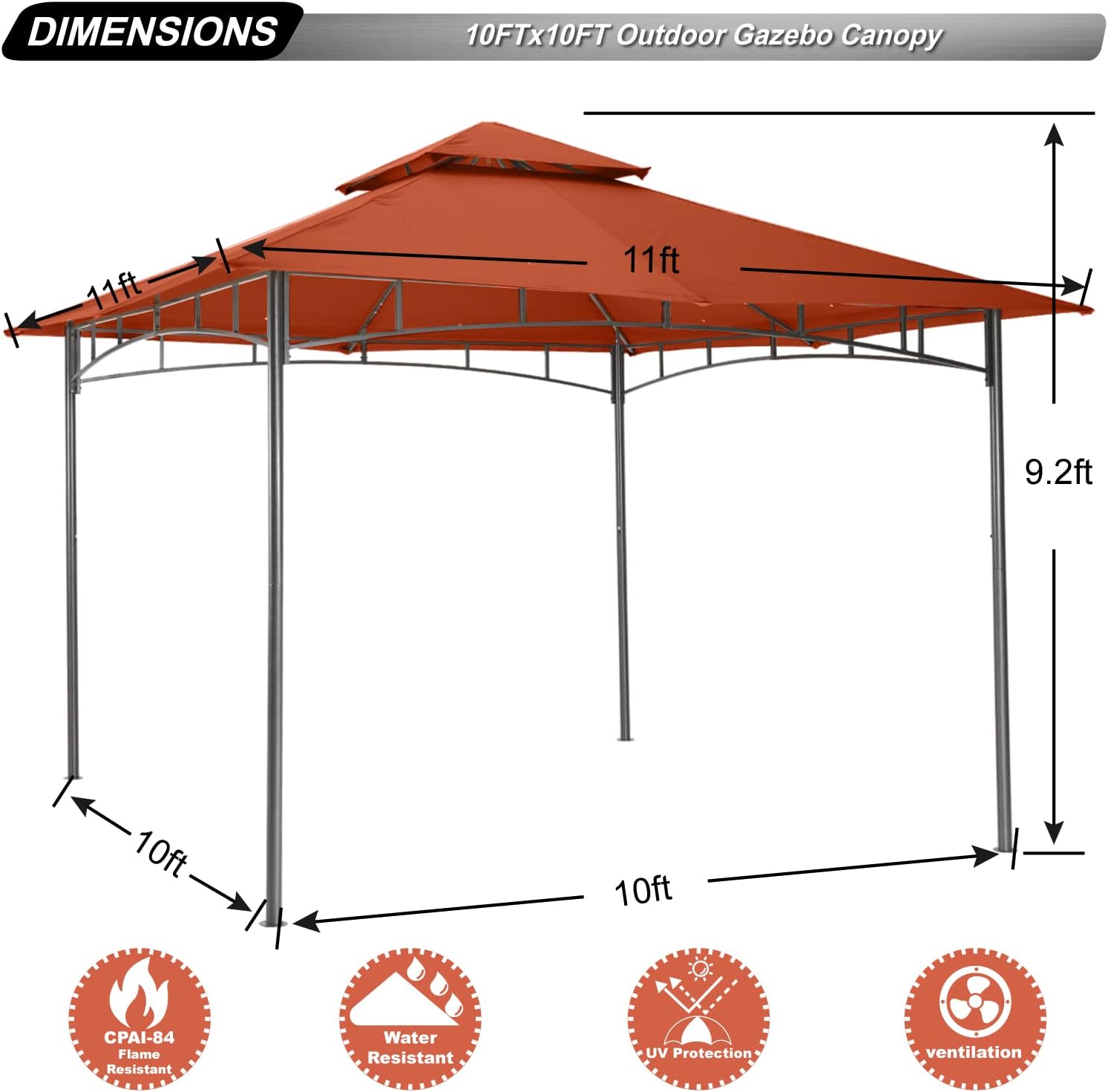 ABCCANOPY Gazebos for Patios 10x10 - Outdoor Steel Frame Gazebo for Lawn Backyard Garden Deck (Rust Red)