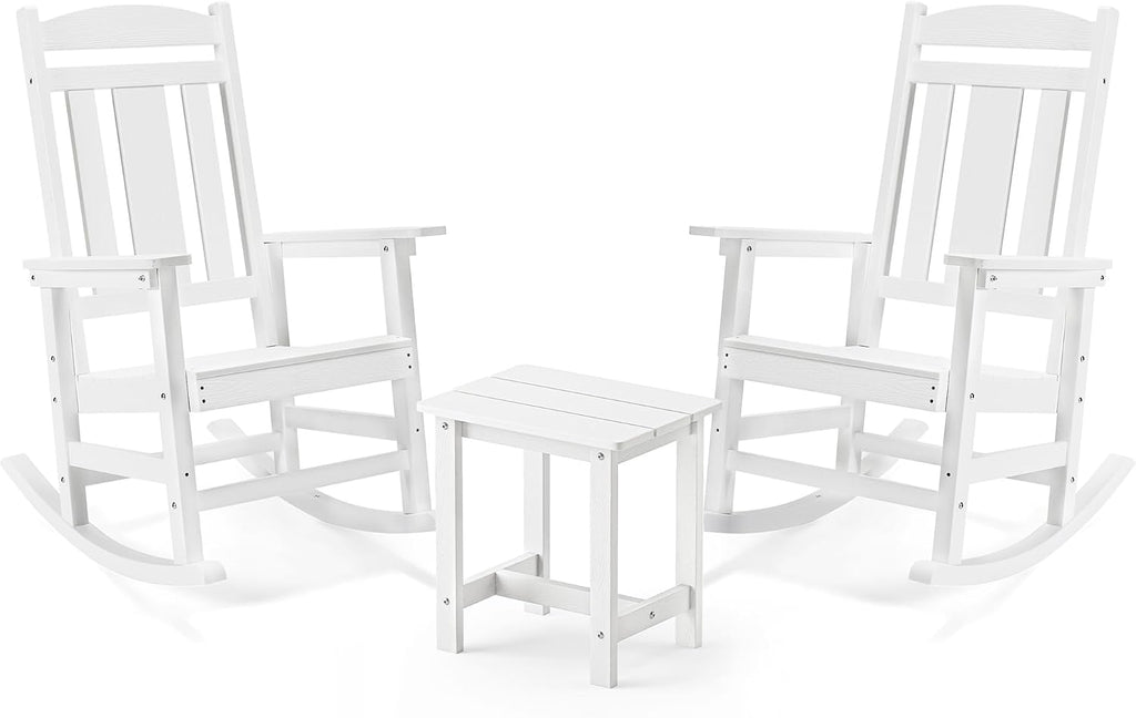 LUE BONA Outdoor Rocking Chairs Set, 3-Piece, HDPS Poly Porch Rockers with Table, Plastic Weather Resistant Rocking Chair Set for Outdoor Indoor, Garden, Backyard, 350lb,White Chairs+Table