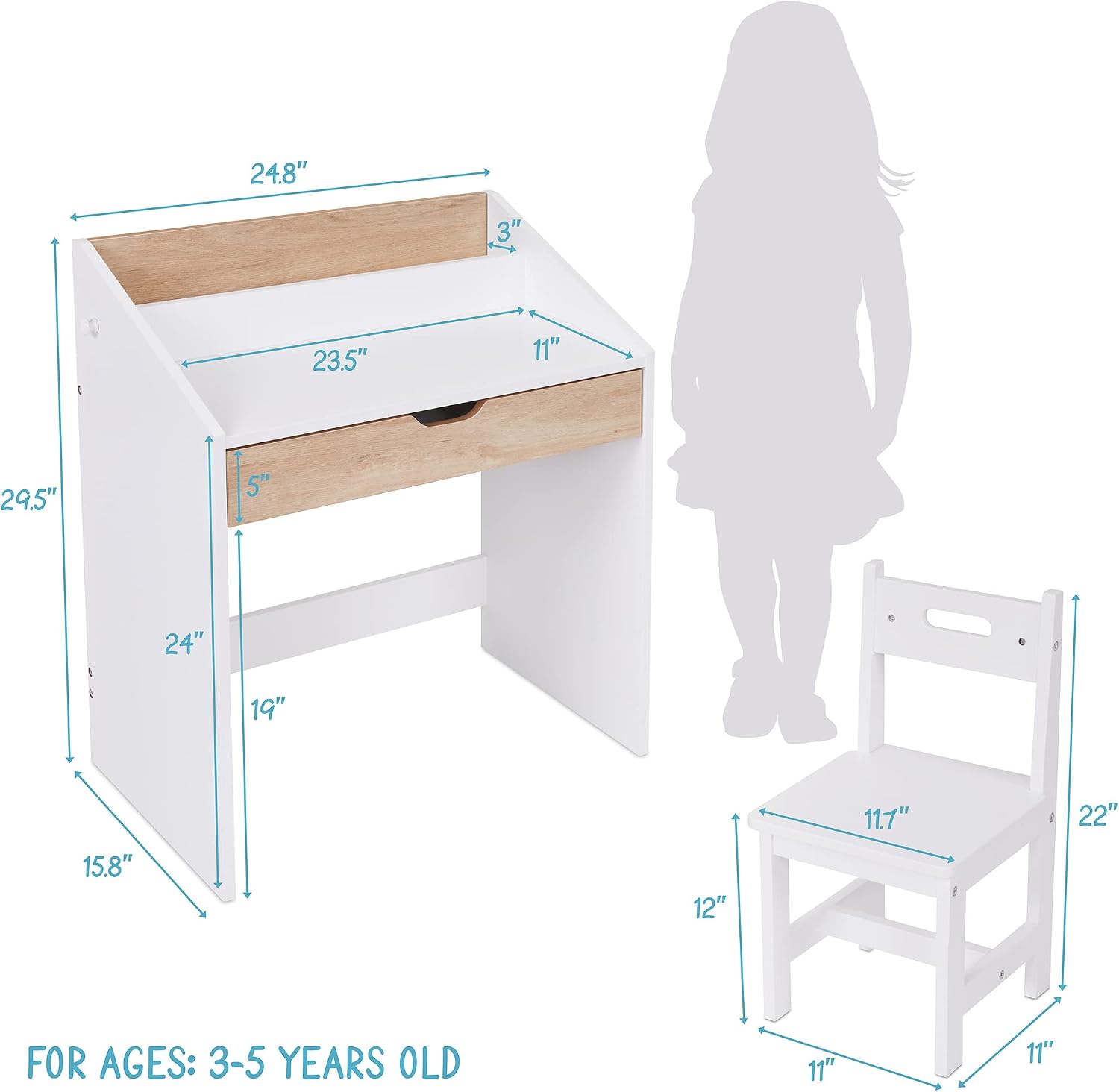 Lil' Jumbl Toddler Wooden Study Desk and Chair Set, Home School Learning Workstation with Writing Table, Storage Drawer, Tabletop Organizer & Hanging Hooks for Children Studying, Reading & Drawing
