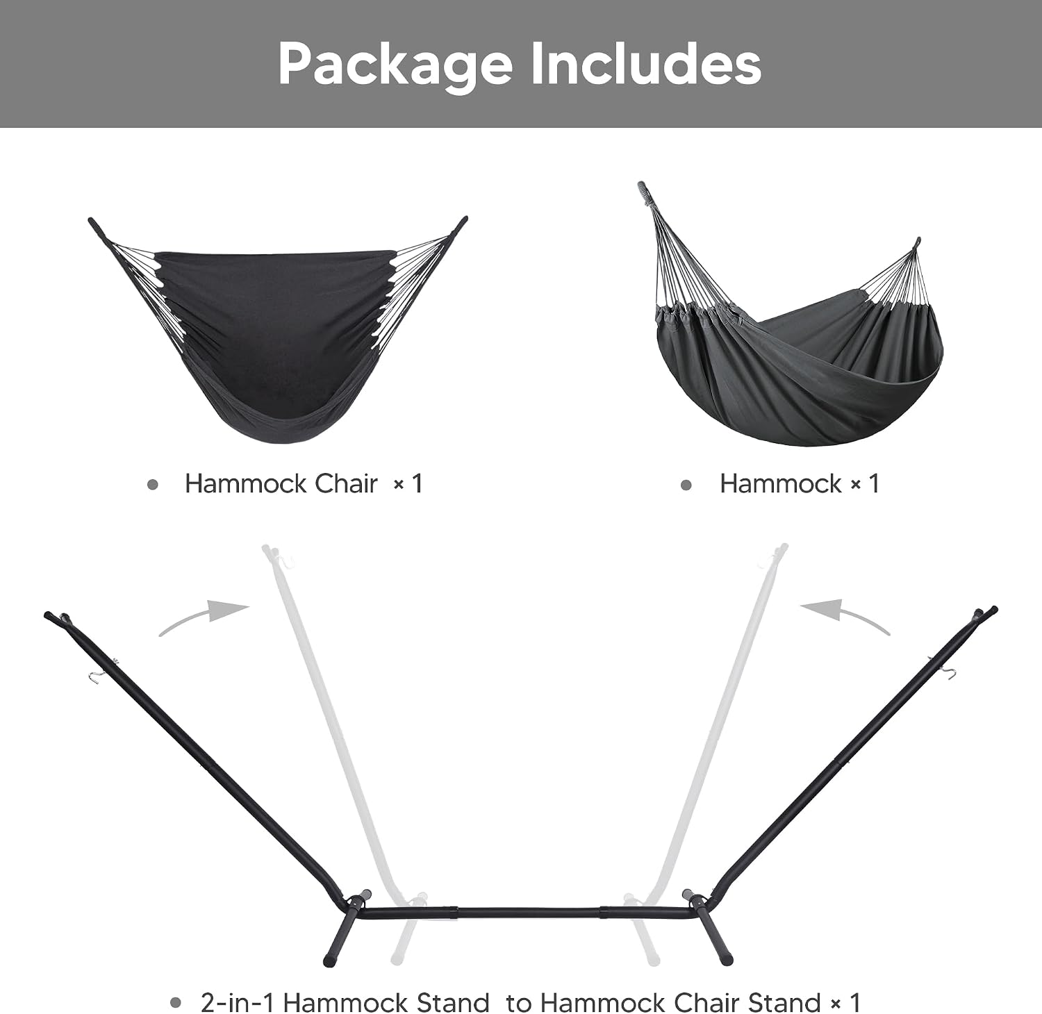 SUNCREAT 2-in-1 Hammocks Convertible Portable Double Hammock with Stand Included, Outdoor Hammock and Stand, Patented, Dark Grey
