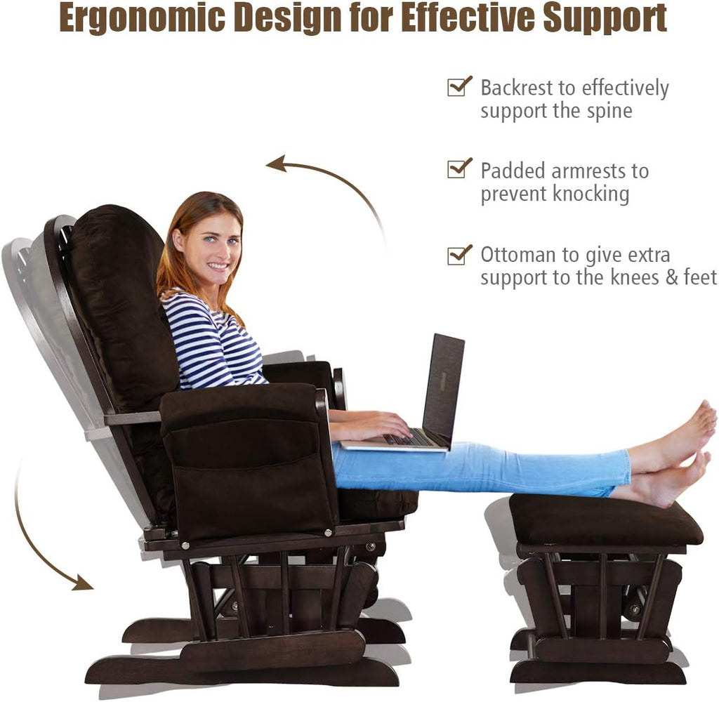Costzon Nursery Glider with Ottoman, Upholstered Comfort Glider Rocker with Padded Cushion, Storage Pocket, Solid Wood Base, Rocking Chair Nursery for Breastfeeding, Napping (Brown)