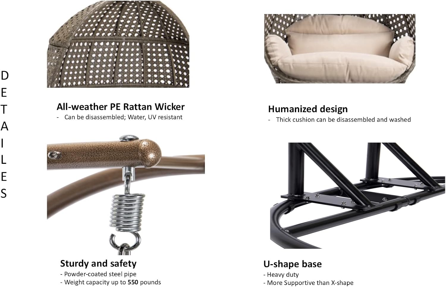 Hanging Egg Chair with Stand, 2 Person Heavy Duty Hanging Wicker Rattan Swing Chair Basket Hammock Nest Chair Seat for Indoor Outdoor Patio Lounger Swinging Loveseat (Beige)
