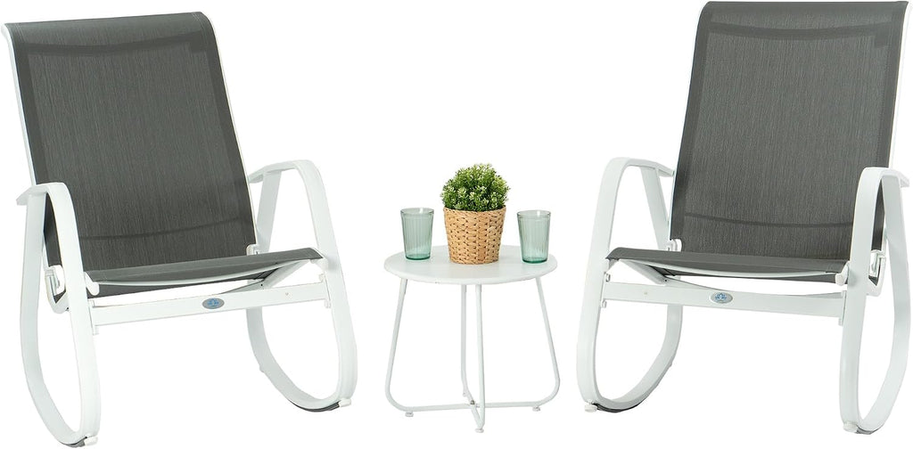 Kozyard 3-Piece Outdoor Rocking Chair Set, Patio Bistro Set 2 Sling Rockers with Side Table, Powder-Coated Aluminum Frame, Breathable Textilene Fabric for Porch, Garden, Balcony Gray