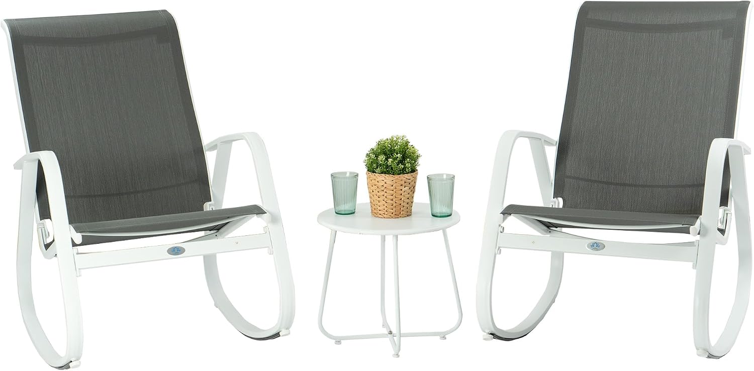 Kozyard 3-Piece Outdoor Rocking Chair Set, Patio Bistro Set 2 Sling Rockers with Side Table, Powder-Coated Aluminum Frame, Breathable Textilene Fabric for Porch, Garden, Balcony Gray