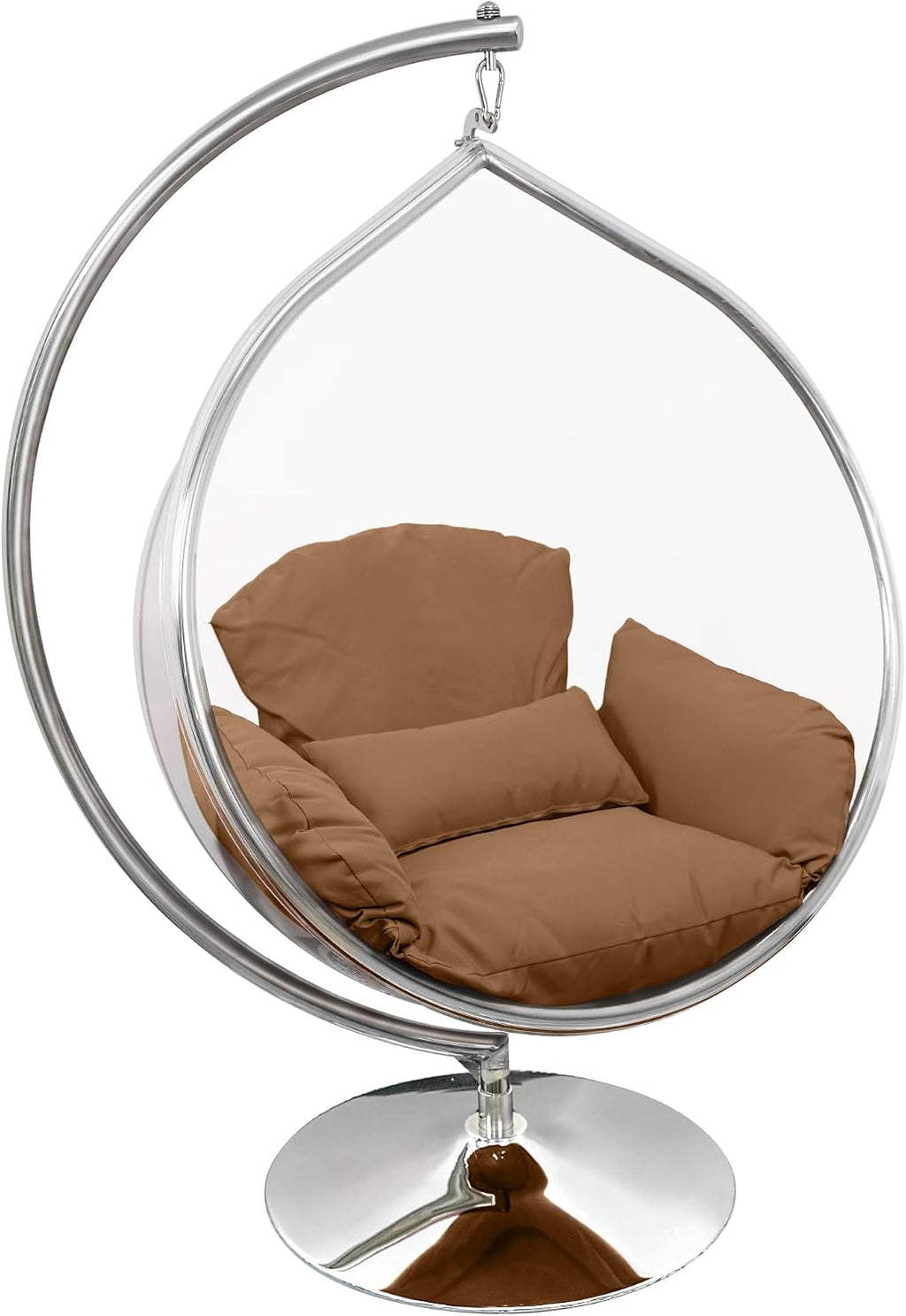 Hanging Chair - Transparent Acrylic Bubble, Waterdrop Shape, Indoor Swing Chair with Gold/Chrome Stand, Durable Fabric Cushion - Luxury Accent for Living Room, Bedroom (Chrome/LightCoffee)