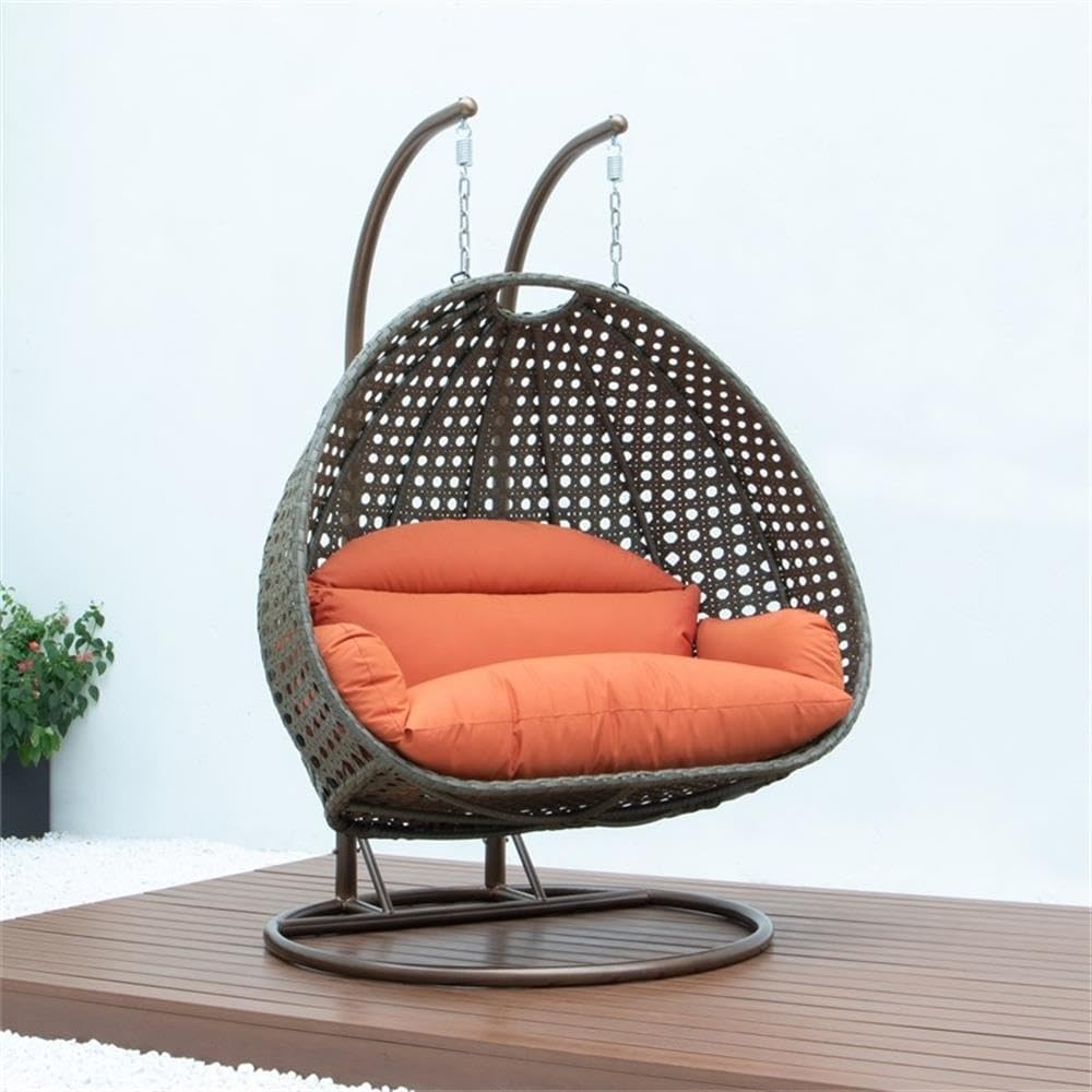 LeisureMod 2 Person Wicker Egg Chair Outdoor Indoor Bedroom Patio Hanging Lounge Swing Hammock Chairs with Beige Stand and UV Resistant Cushions, Orange