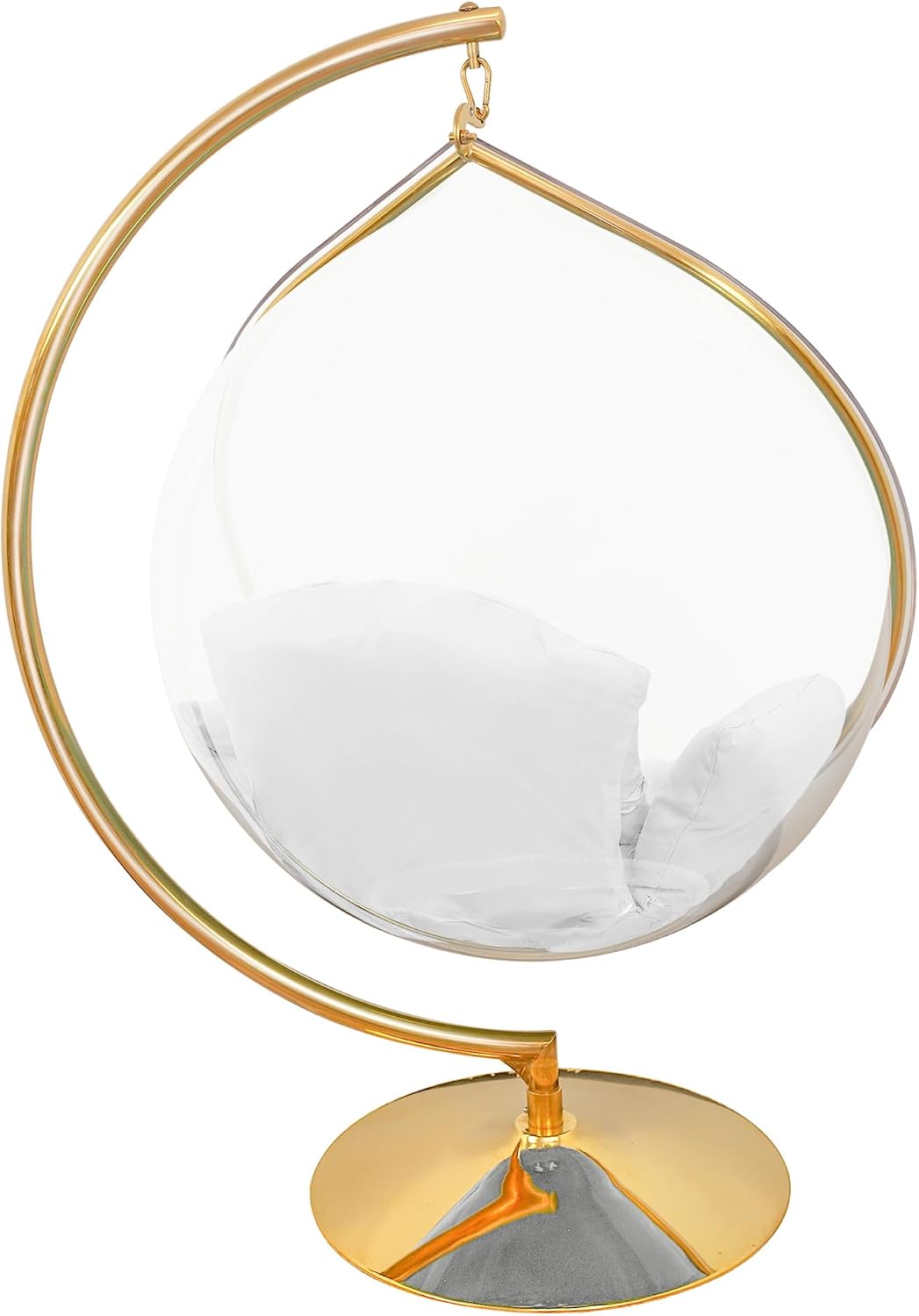 Hanging Chair - Transparent Acrylic Bubble, Waterdrop Shape, Indoor Swing Chair with Gold/Chrome Stand, Durable Fabric Cushion - Luxury Accent for Living Room, Bedroom (Gold/White)