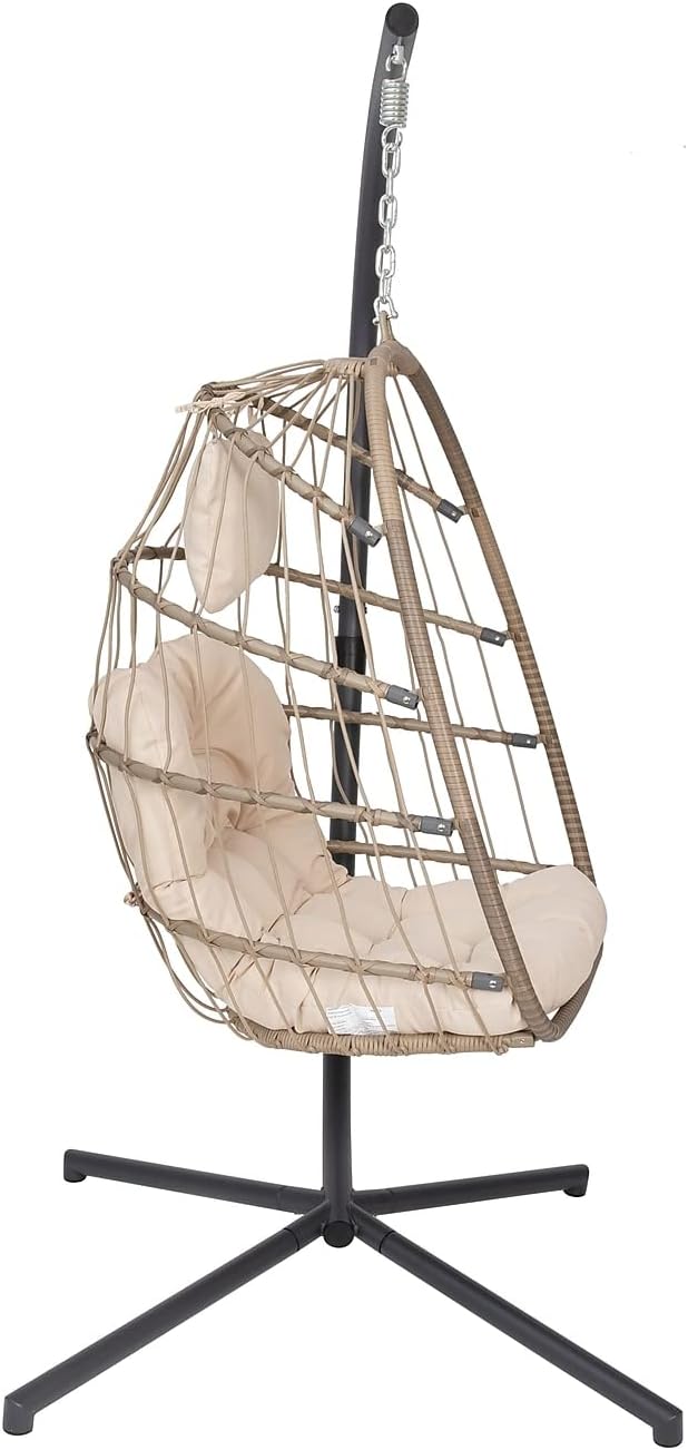 Flash Furniture Cleo Indoor/Outdoor Patio Hanging Egg Chair - Natural Frame with Cream Seat Cushions - Black Powder Coated C-Style Stand - Hanging Hardware Included