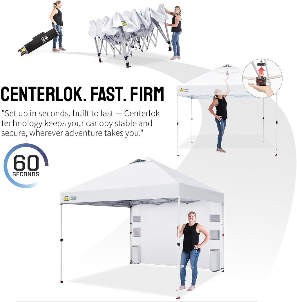 CROWN SHADES Canopy Tent 10x10 Pop Up Canopy Outdoor Shade with Pockets Sidewall, Easy Up Sun Shelter with One Person Set Up Center Lock, Portable Instant Camping Beach Canopy Tents, Grid White