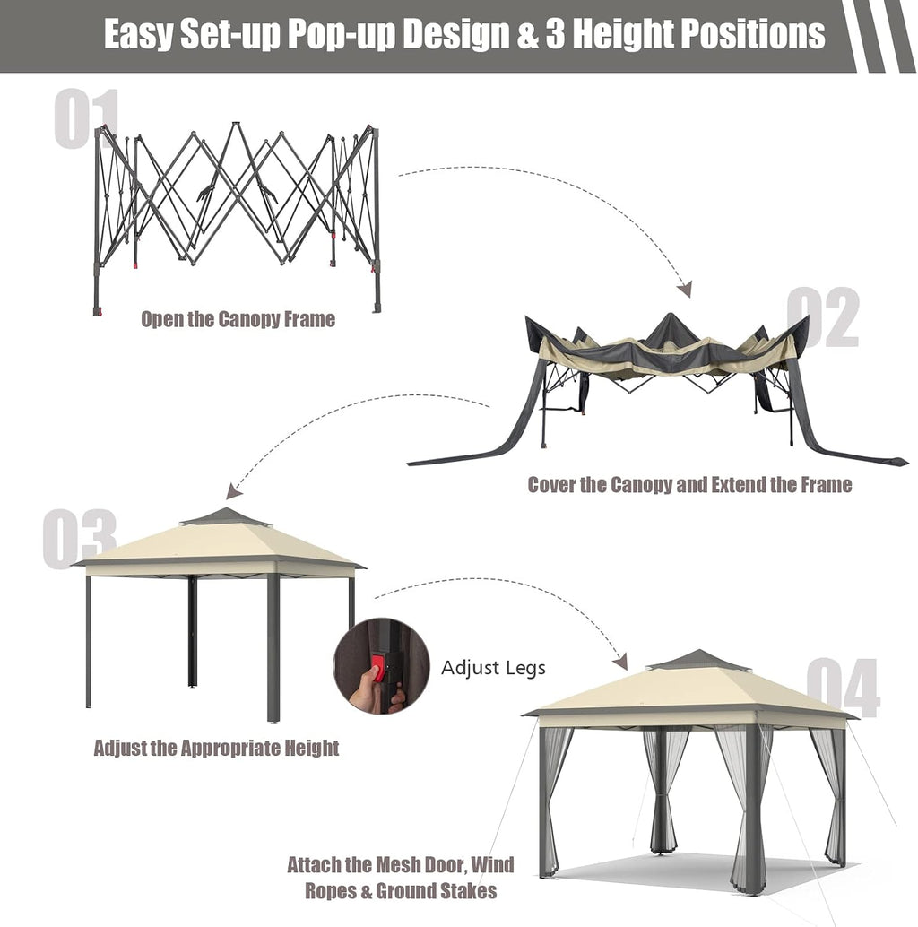 Tangkula 11x11 Ft Pop up Gazebo, 2-Tier Patio Gazebo with Netting, Carry Bag, Easy Set up Outdoor Gazebo with 121 Square Feet of Shade for Backyard, Deck, Poolside (Brown)