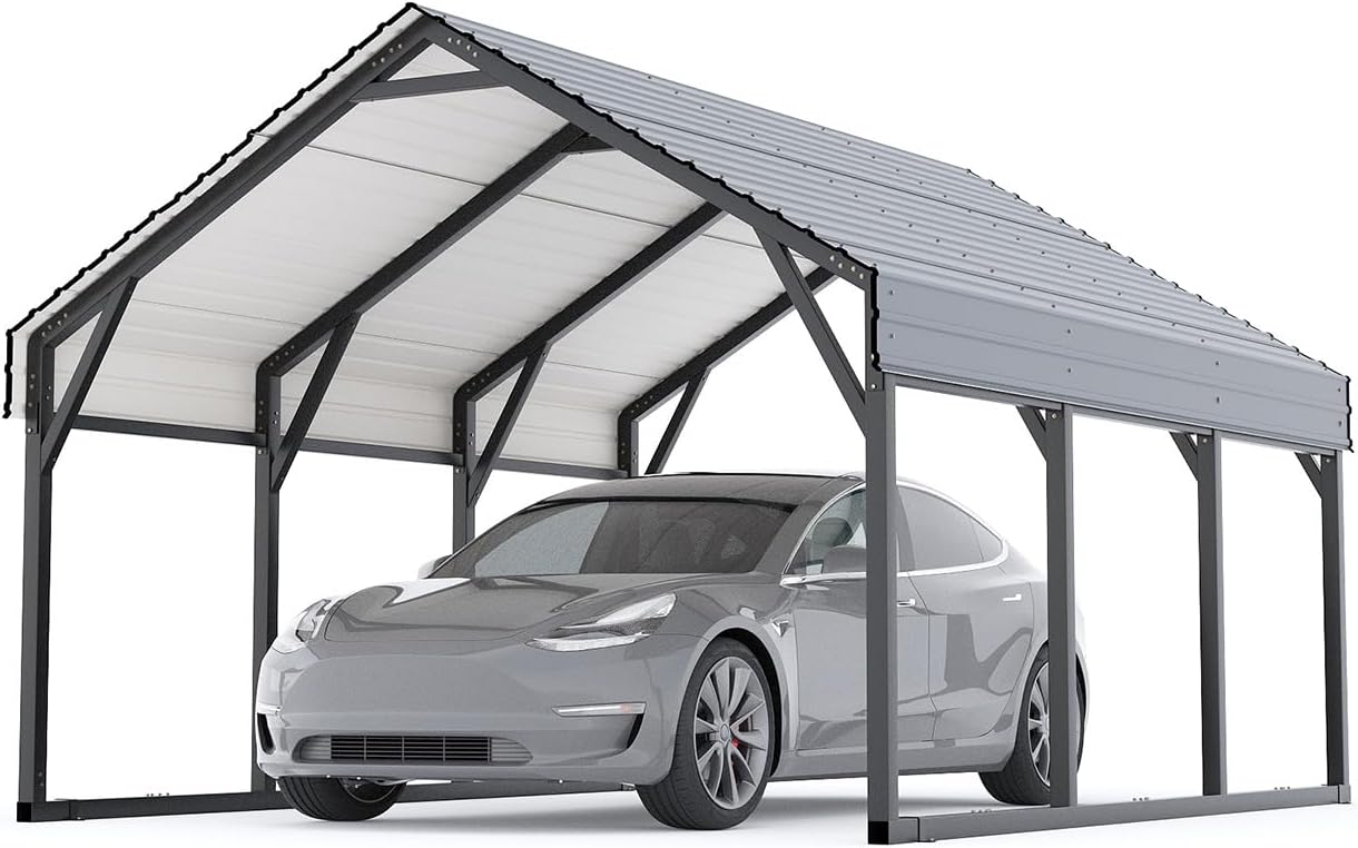 10 x 15 FT Metal Carport, Heavy Duty Carports Reinforced Frame and Steel Roof, All-Weather Shelter Canopy for Pickups, Boats, Cars, and Tractors