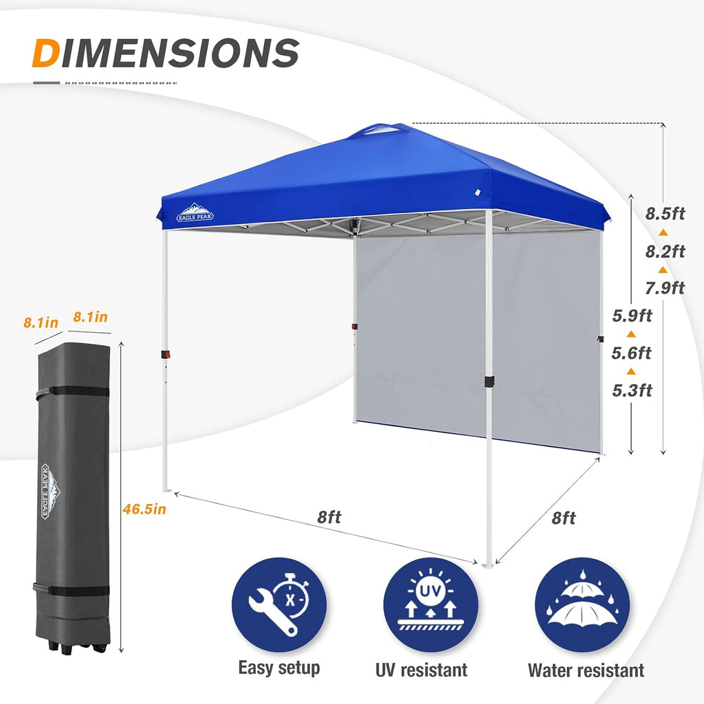EAGLE PEAK Commercial Canopy 8x8 Pop Up Canopy Tent with 1 Sidewall, Easy Setup Heavy Duty Instant Event Shelter for Vendors & Markets, Outdoor Sun Shade, Blue