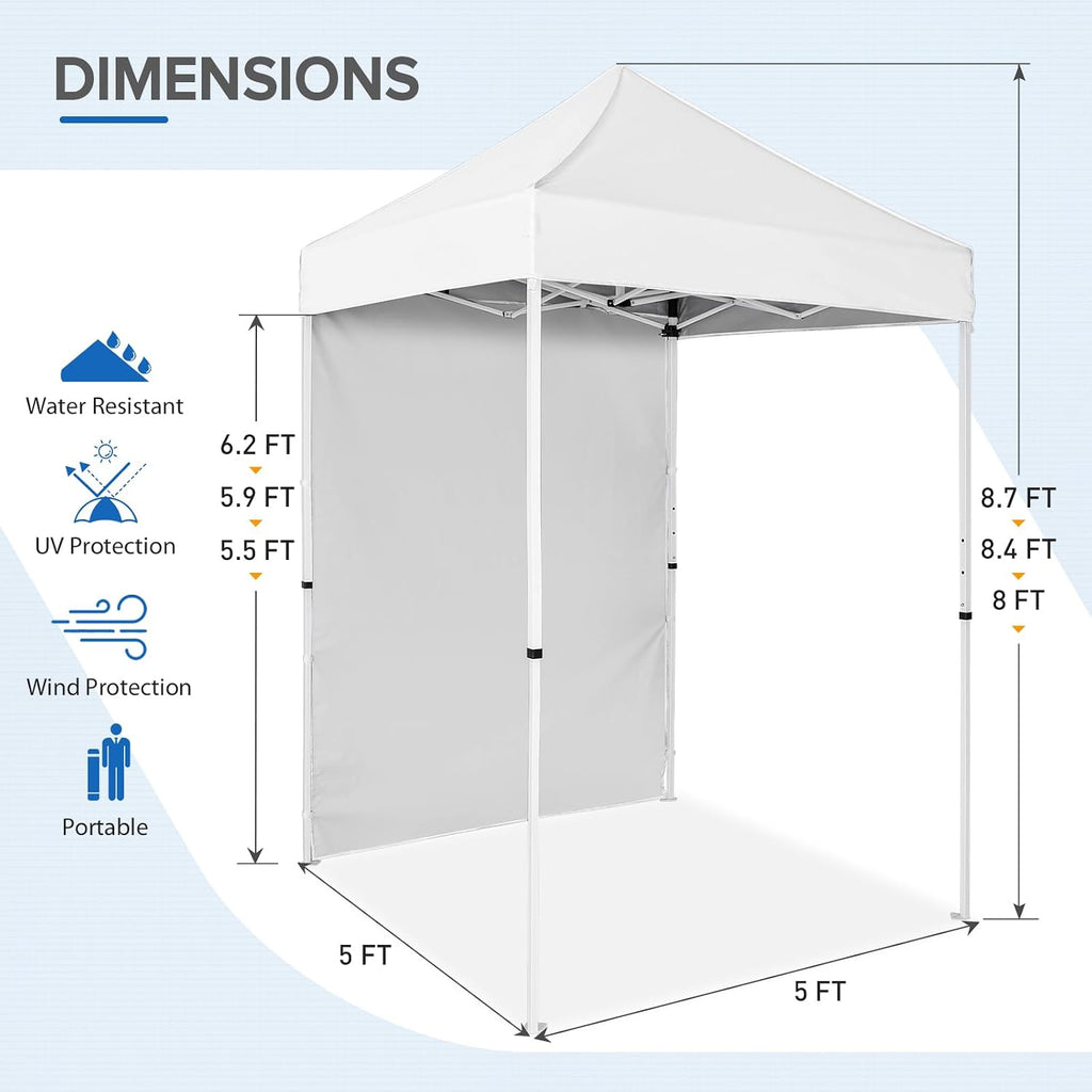 EAGLE PEAK Pop up Canopy 5x5, Outdoor Portable Canopy Tent with One Removable Sunwall, Carry Bag Included, White