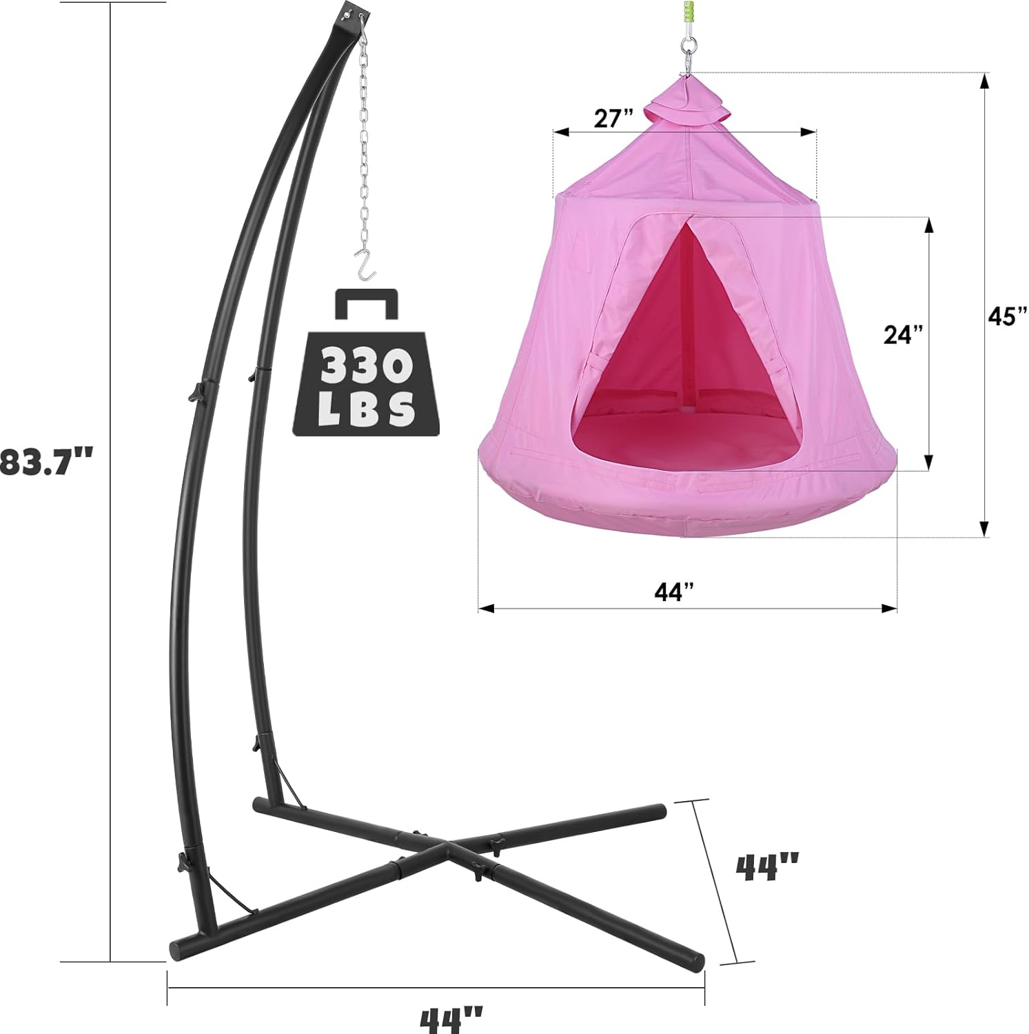 X-Shaped Hanging Tree Tent w/Swing Chair,Hammock Chair Stand Canopy w/Steel Frame,Indoor Outdoor Egg Basket Patio Seat w/Adjustable Solid Stand,Bedroom Porch Balcony Garden 330lb(Pink)
