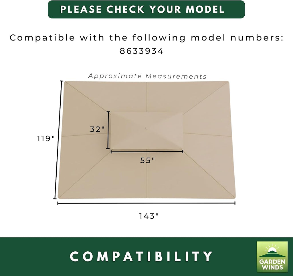 Garden Winds Reinforced RipLock 350 Replacement Canopy Top Cover Compatible with Casual Way Awning 10'x 12' Gazebo Model 8633934 - Beige