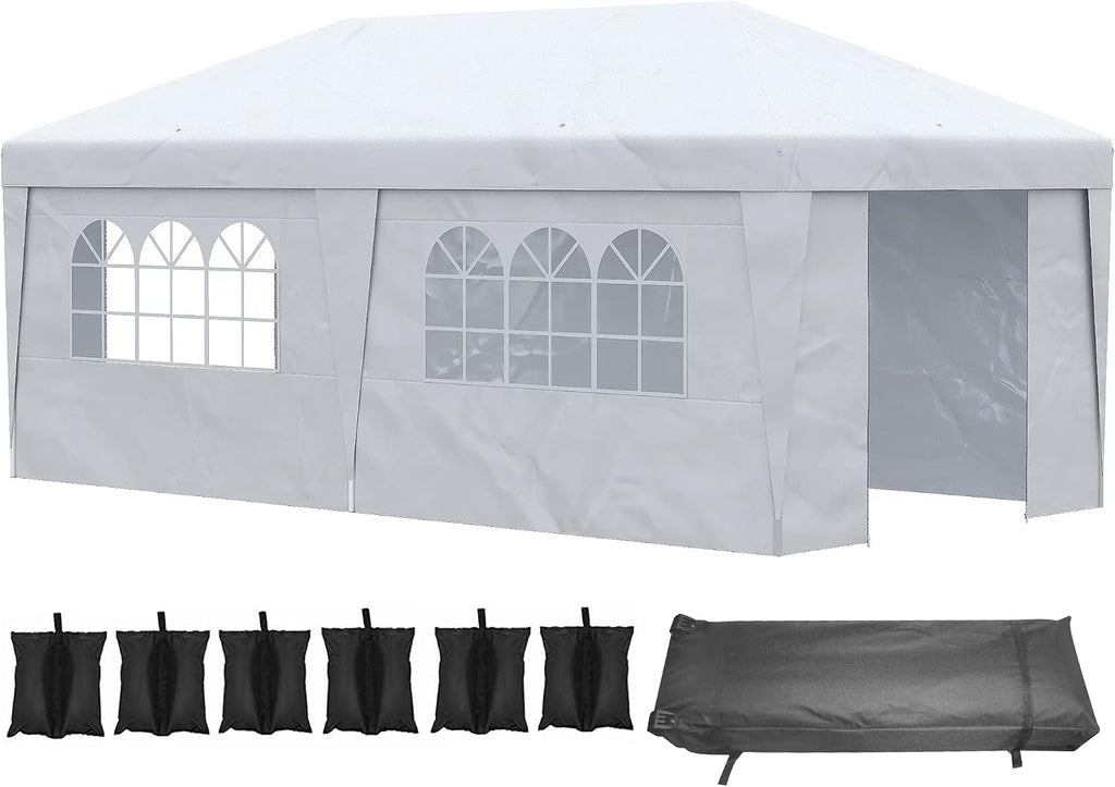 Outsunny 10' x 19.5' Pop Up Canopy with Sidewalls, UPF 30+ Height Adjustable Large Party Tent Event Shelter with Sandbags and Wheeled Carry Bag for Garden, Patio, White