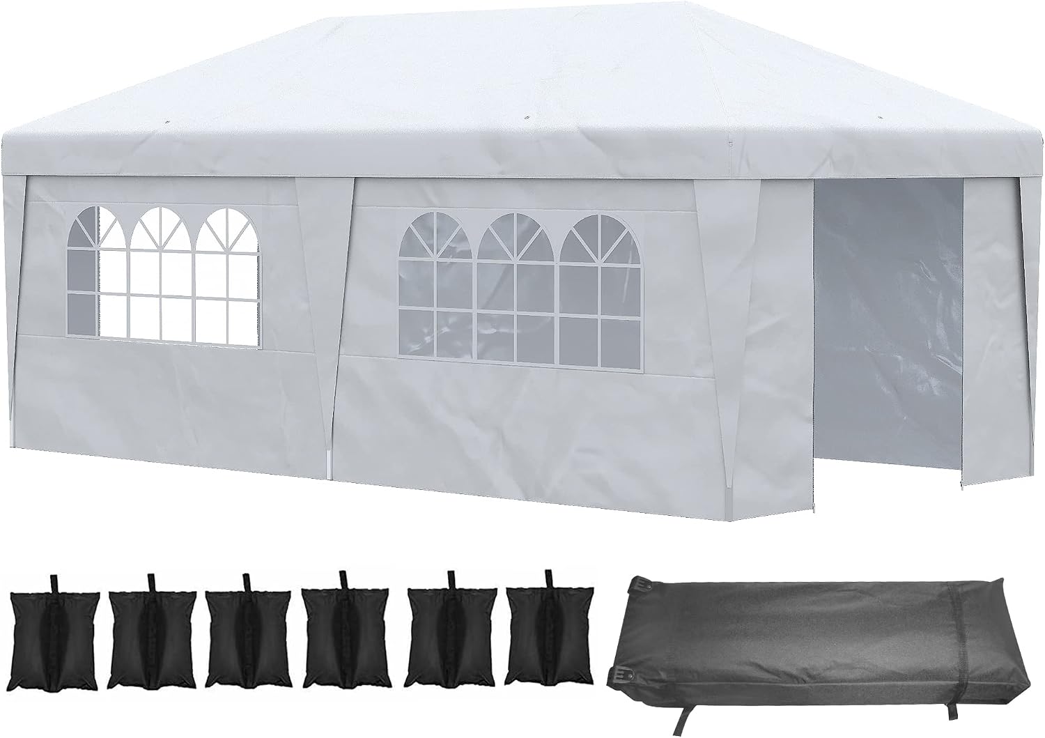 Outsunny 10' x 19.5' Pop Up Canopy with Sidewalls, UPF 30+ Height Adjustable Large Party Tent Event Shelter with Sandbags and Wheeled Carry Bag for Garden, Patio, White