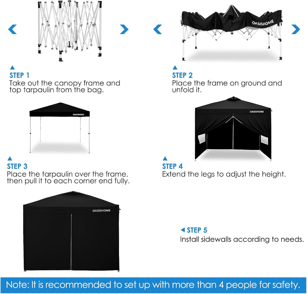 OASISHOME Canopy Tent 10'x10' Pop Up Gazebo with 1-Person Set Up, 4 Sidewalls, Wheeled Bag, Waterproof UV Protection Heavy-Duty Steel Frame Shelter for Patio Outdoor Wedding Party Event (Black,10x10)