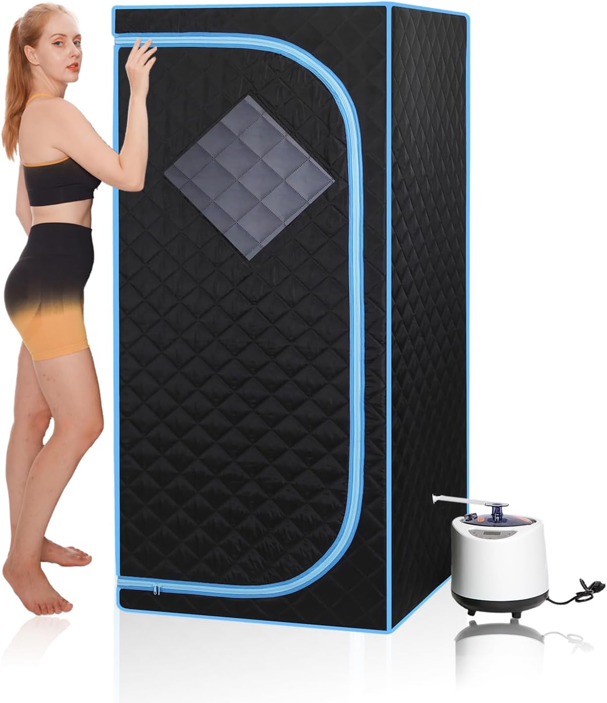 Portable Steam Sauna | Full Size Portablel Sauna Tent | Personal Home Sauna Spa | with 2.2L Water Injection Rate and 1000W Steam Generator, Portable Chair, Black (Blue Edge)