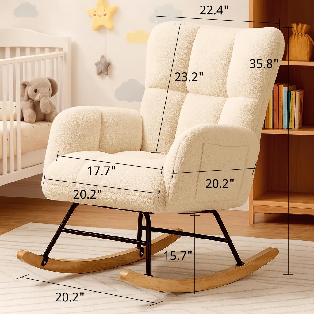 COMHOMA Nursery Rocking Chair, Teddy Upholstered Glider Rocking Chair with Side Pockets, Accent Chair with High Backrest Reading Chair for Adult, Nursery, Bedroom, Living Room,Offices(Beige)
