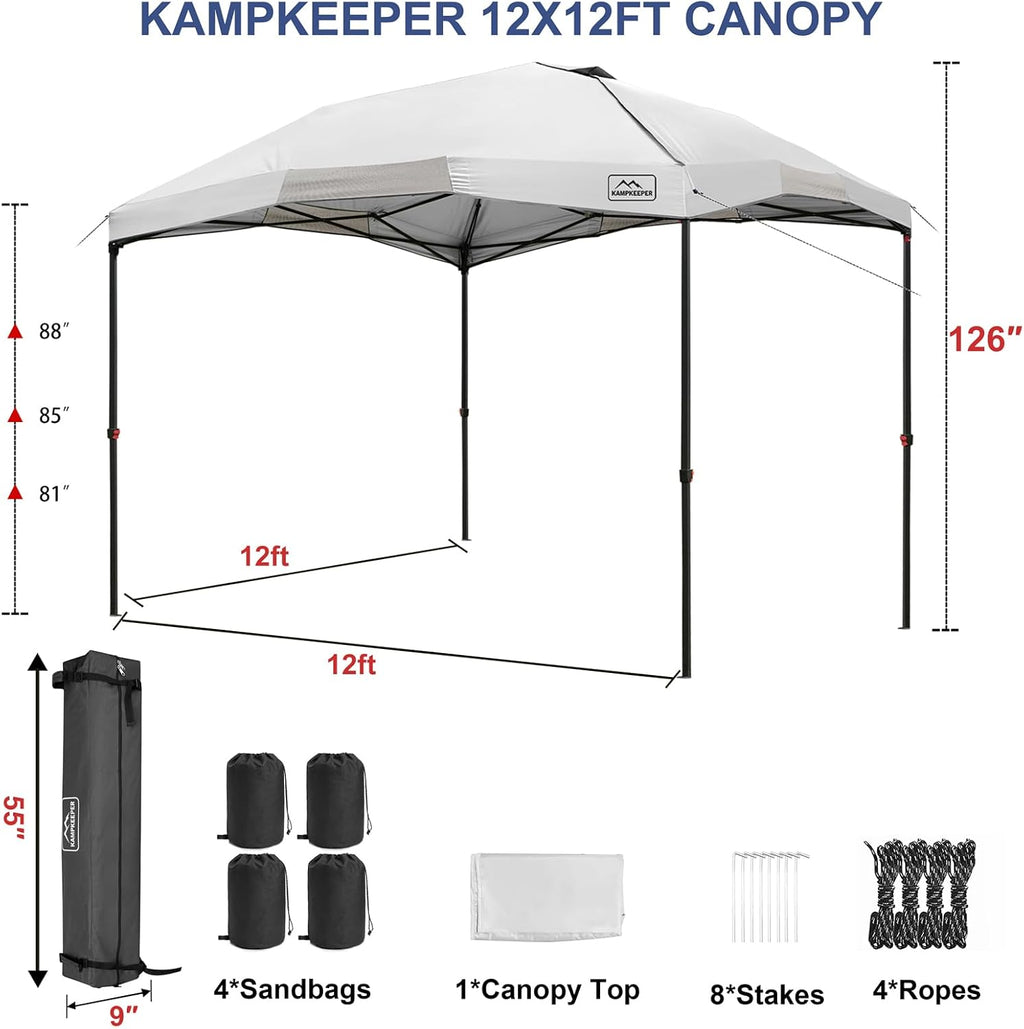 KAMPKEEPER 12x12 Pop Up Canopy Tent,Heavy Duty Outdoor Sun Shade for Events,Camping,Parties - Polygonal Patio Gazebo with Wheeled Bag,4 sandbags (White, 12x12FT)