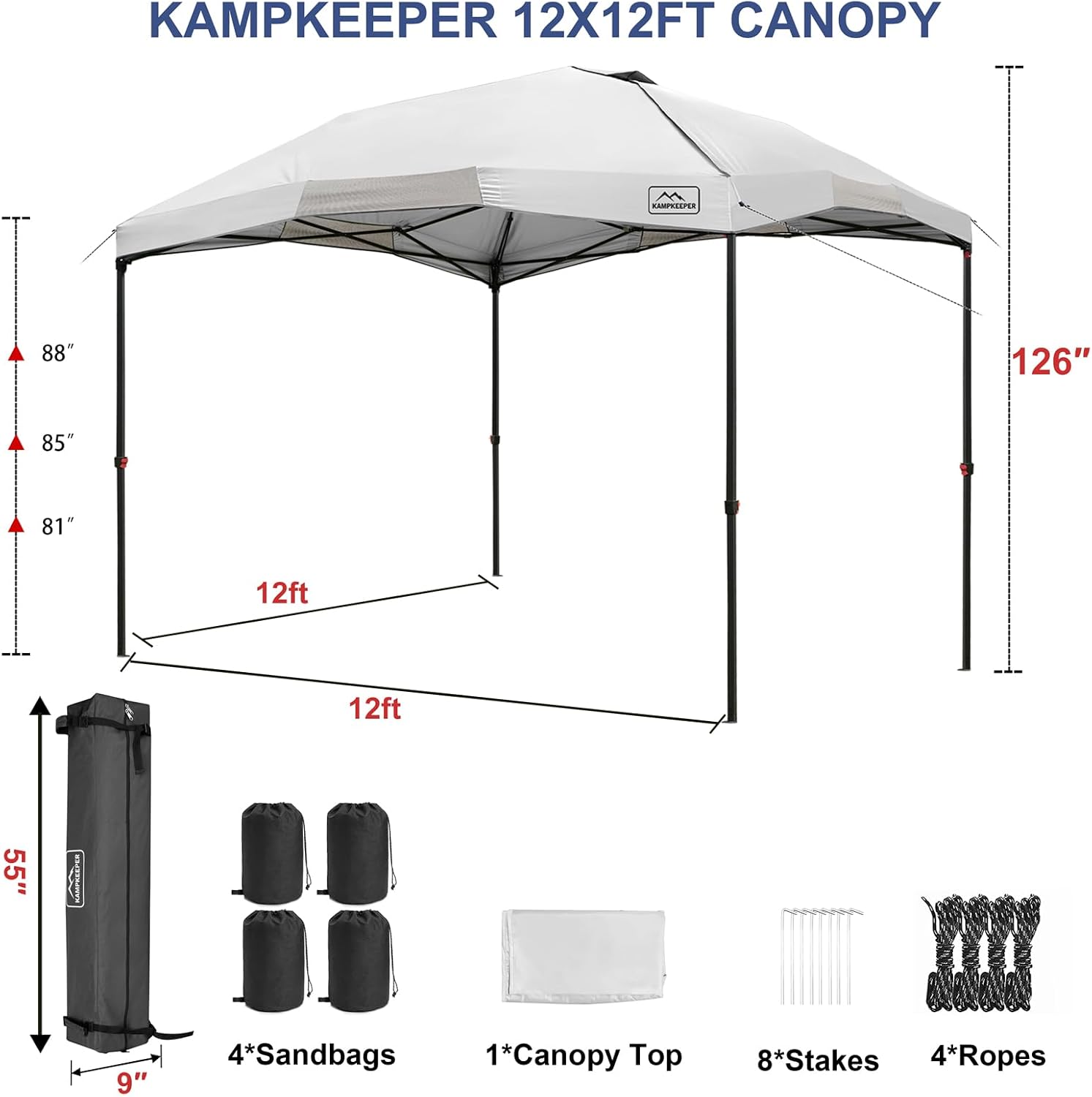 KAMPKEEPER 12x12 Pop Up Canopy Tent,Heavy Duty Outdoor Sun Shade for Events,Camping,Parties - Polygonal Patio Gazebo with Wheeled Bag,4 sandbags (White, 12x12FT)