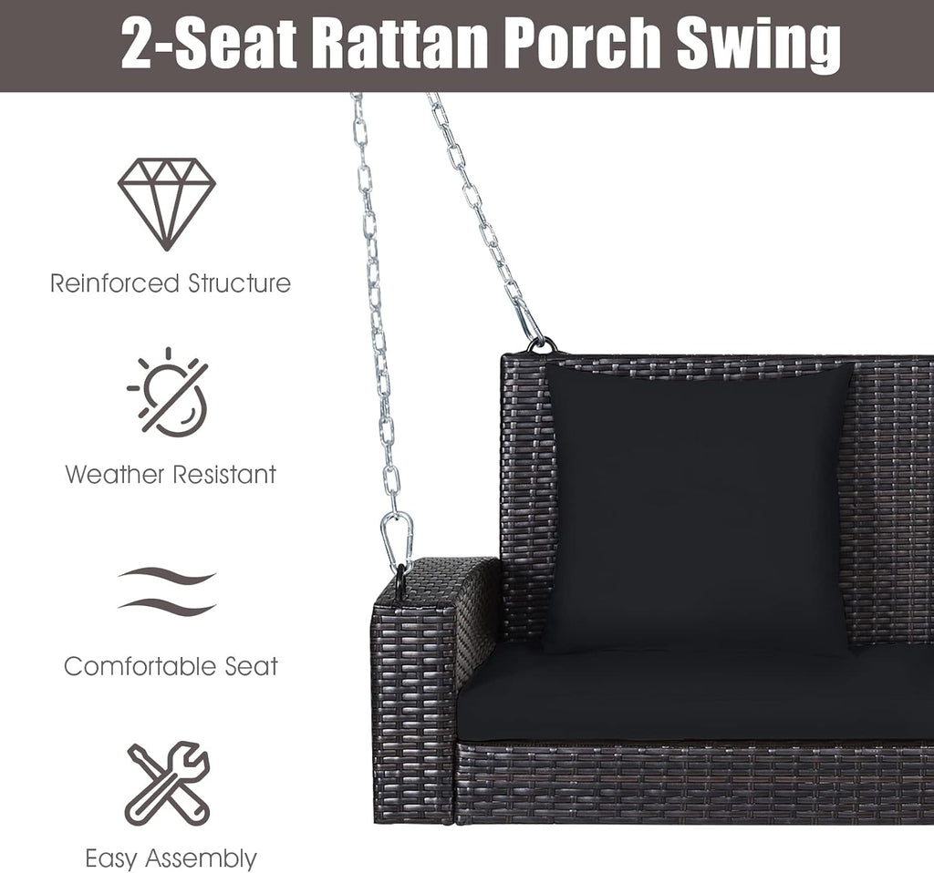 Tangkula 2-Person Wicker Porch Swing, Patiojoy Outdoor Rattan Hanging Swing Bench W/ 2 Back Cushions & 1 Seat Cushion, Sturdy Steel Chain, 800lbs Weight Capacity