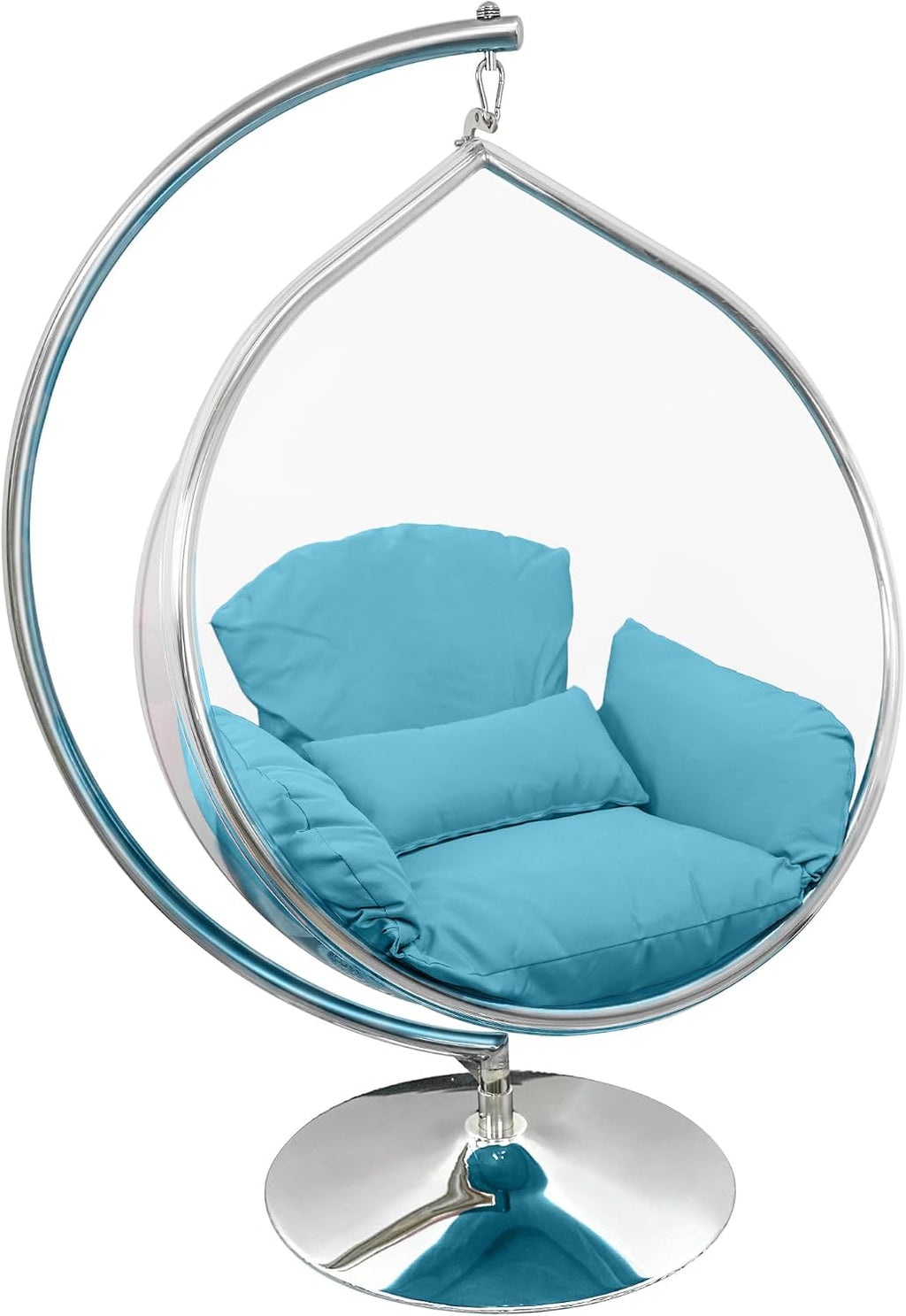 Hanging Chair - Transparent Acrylic Bubble, Waterdrop Shape, Indoor Swing Chair with Gold/Chrome Stand, Durable Fabric Cushion - Luxury Accent for Living Room, Bedroom (Chrome/Blue)