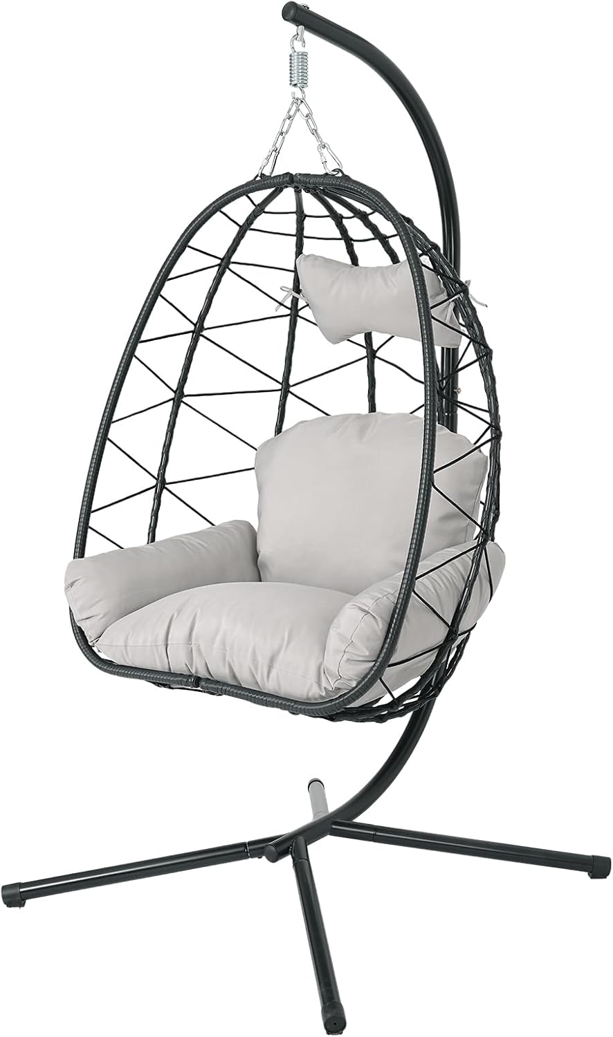 Egg Chair with Stand, Wicker Hanging Chair for Outdoor Patio, Cushioned Hammock Swing for Bedroom Garden Indoor/Outdoor, Double-Zipper Structure Hanging Egg Chair (Black Frame and Light Gray)