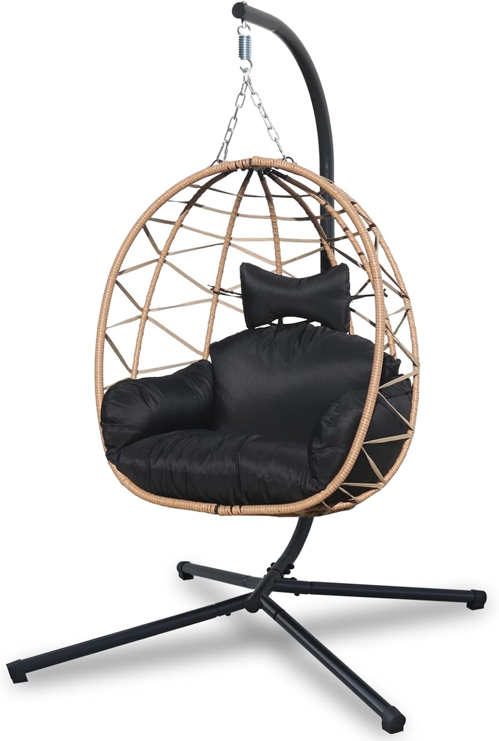 Hanging Egg Chair Swing with Stand, Hanging Chair, Webbing & PE Rattan Weaving, Thickened UV Resistant Cushion & Alloy Steel Frame, for Patio Bedroom Balcony (YH)