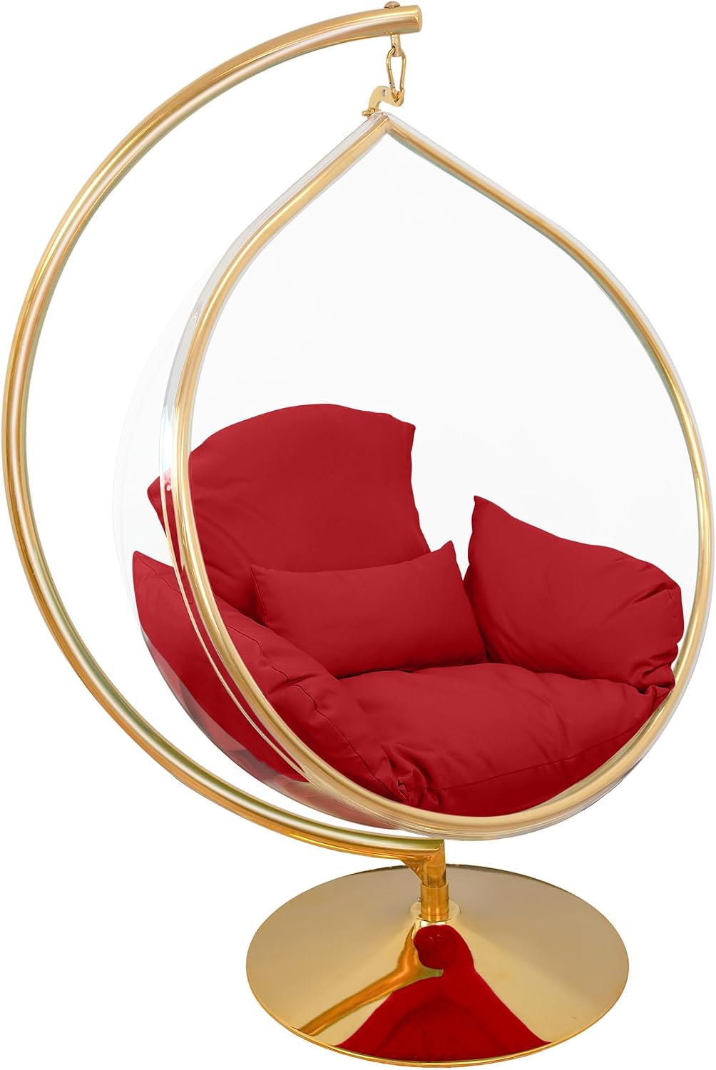 Hanging Chair - Transparent Acrylic Bubble, Waterdrop Shape, Indoor Swing Chair with Gold/Chrome Stand, Durable Fabric Cushion - Luxury Accent for Living Room, Bedroom (Gold/Red)