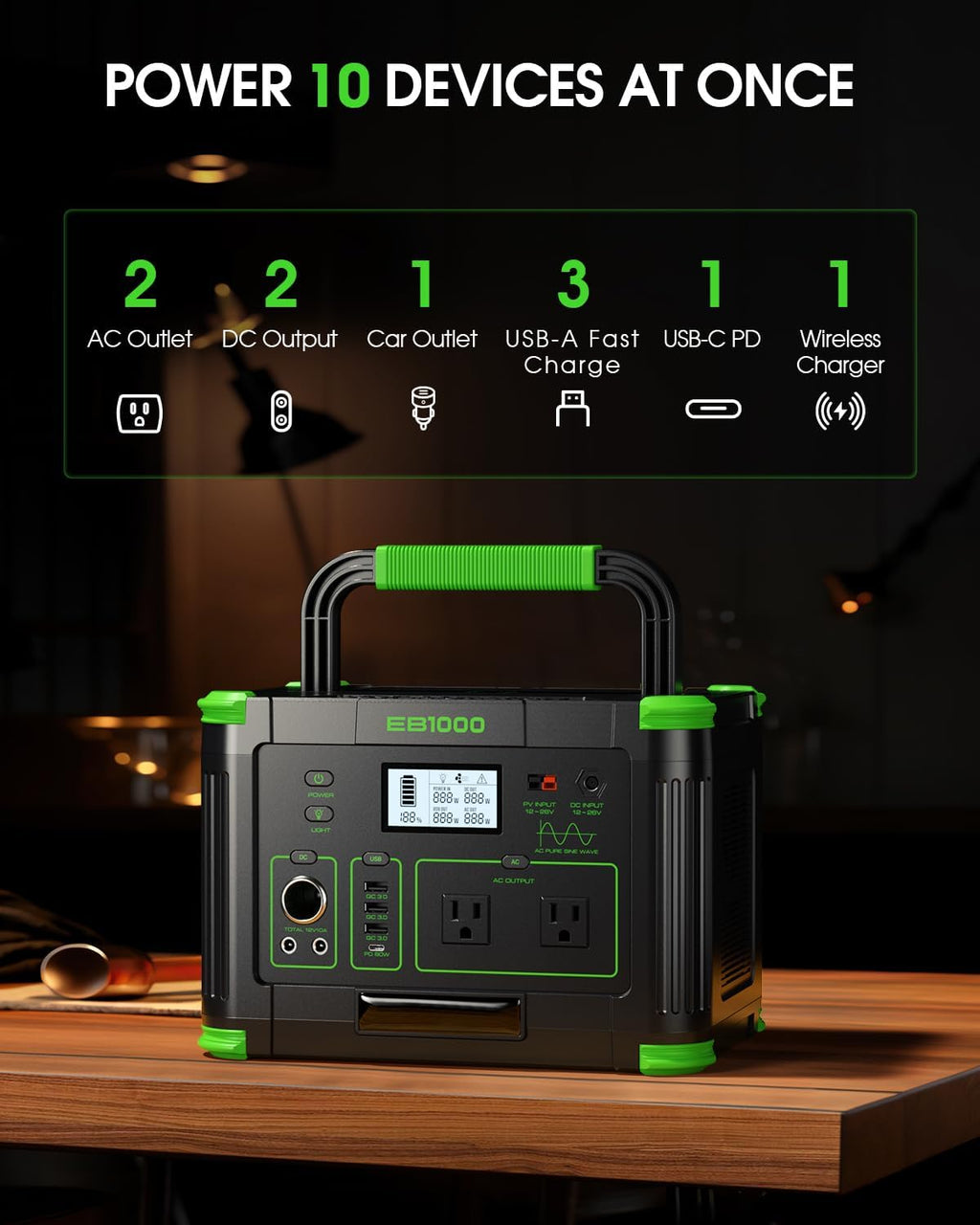 1000W Portable Power Station 999Wh, Solar Generator with 60W USB-C PD Output, Built-in BMS 110V Pure Sine Wave AC Outlet Backup Lithium Battery for Outdoors Camping Travel Emergency (Peak 2000W)